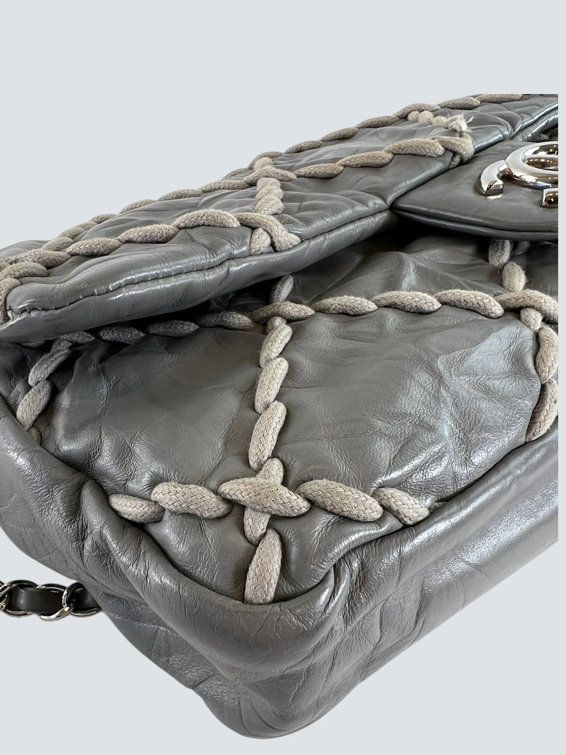 Chanel Grey Lambskin Stitched Leather Shoulder Bag