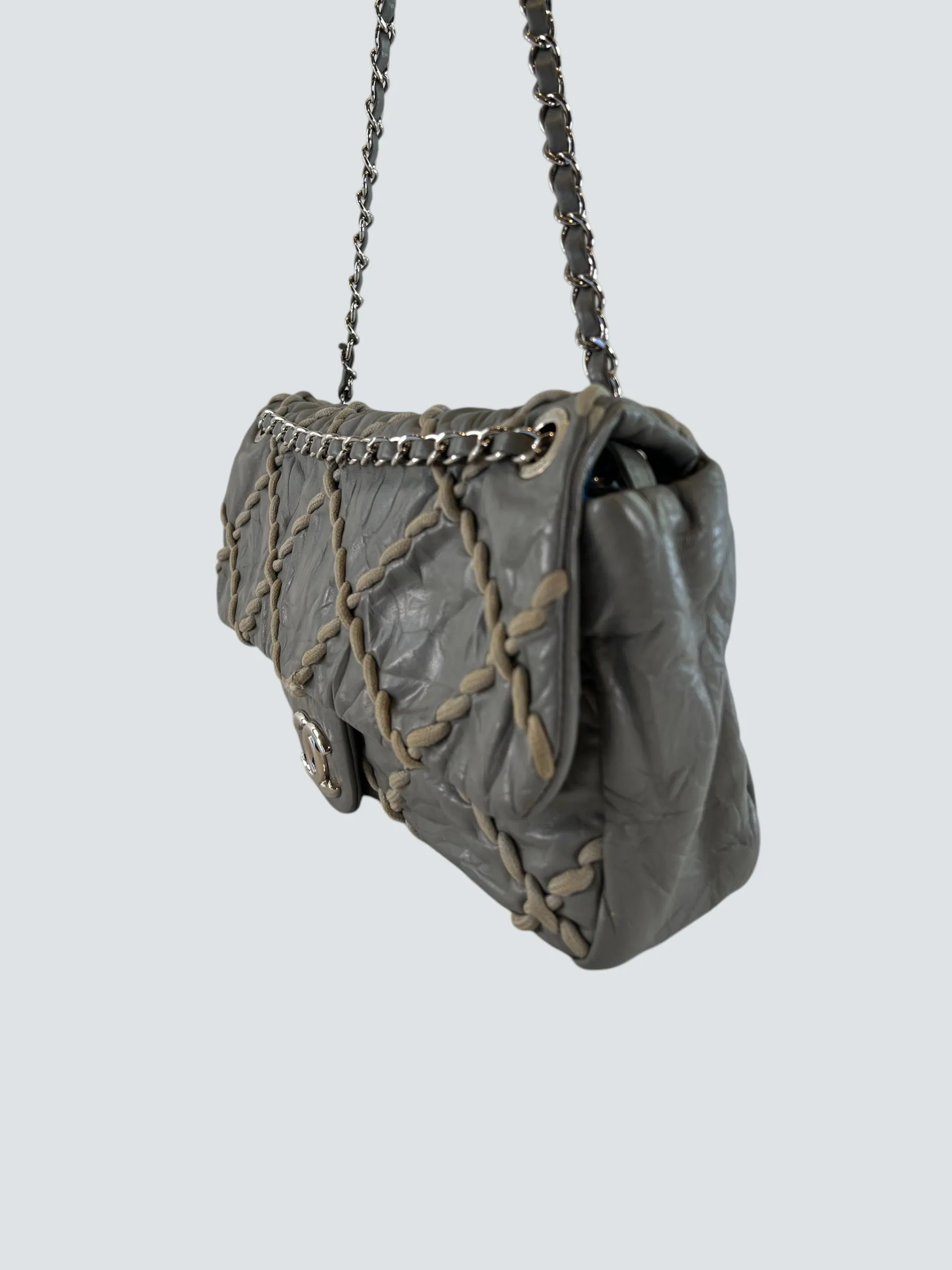 Chanel Grey Lambskin Stitched Leather Shoulder Bag