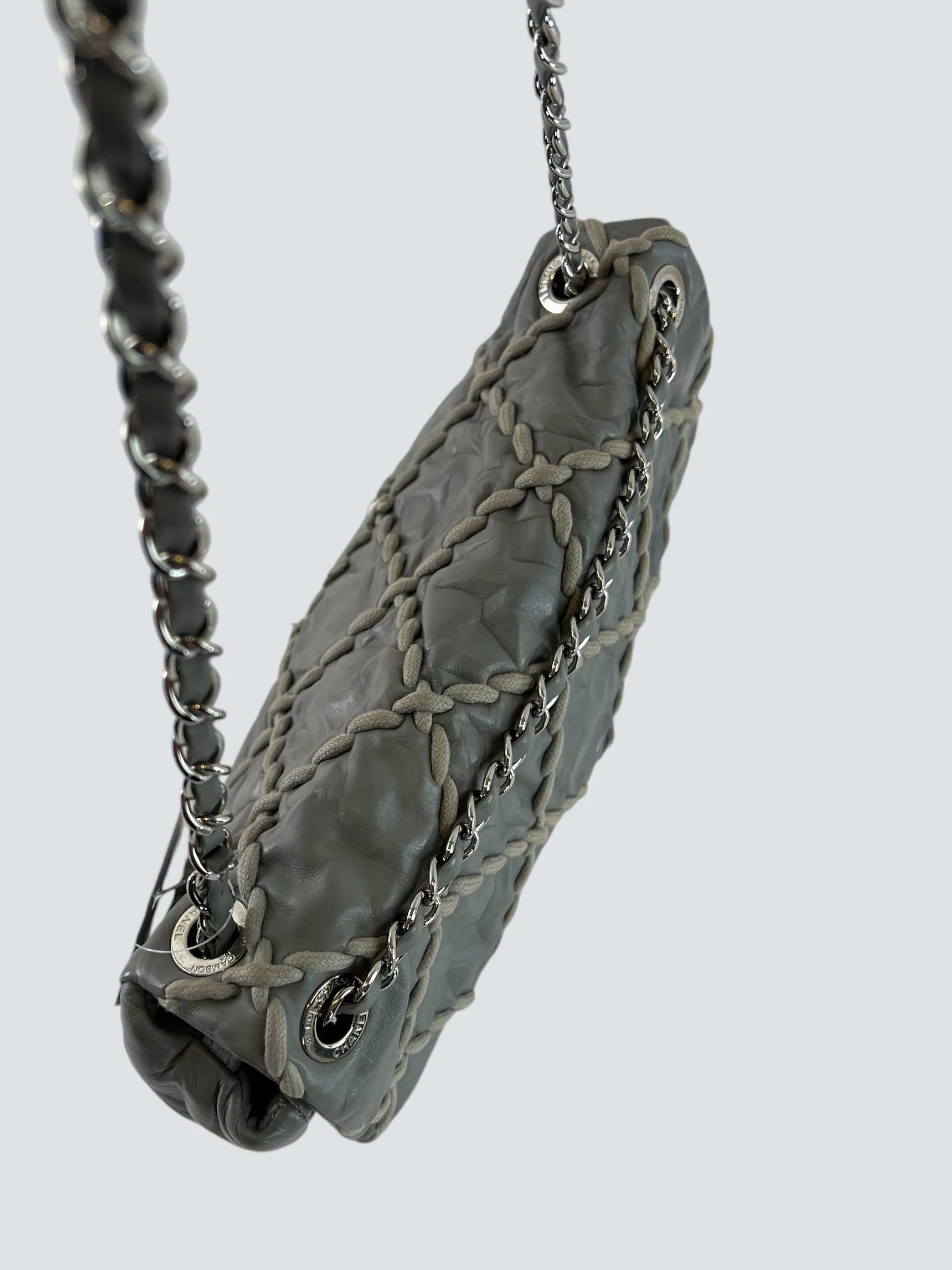 Chanel Grey Lambskin Stitched Leather Shoulder Bag