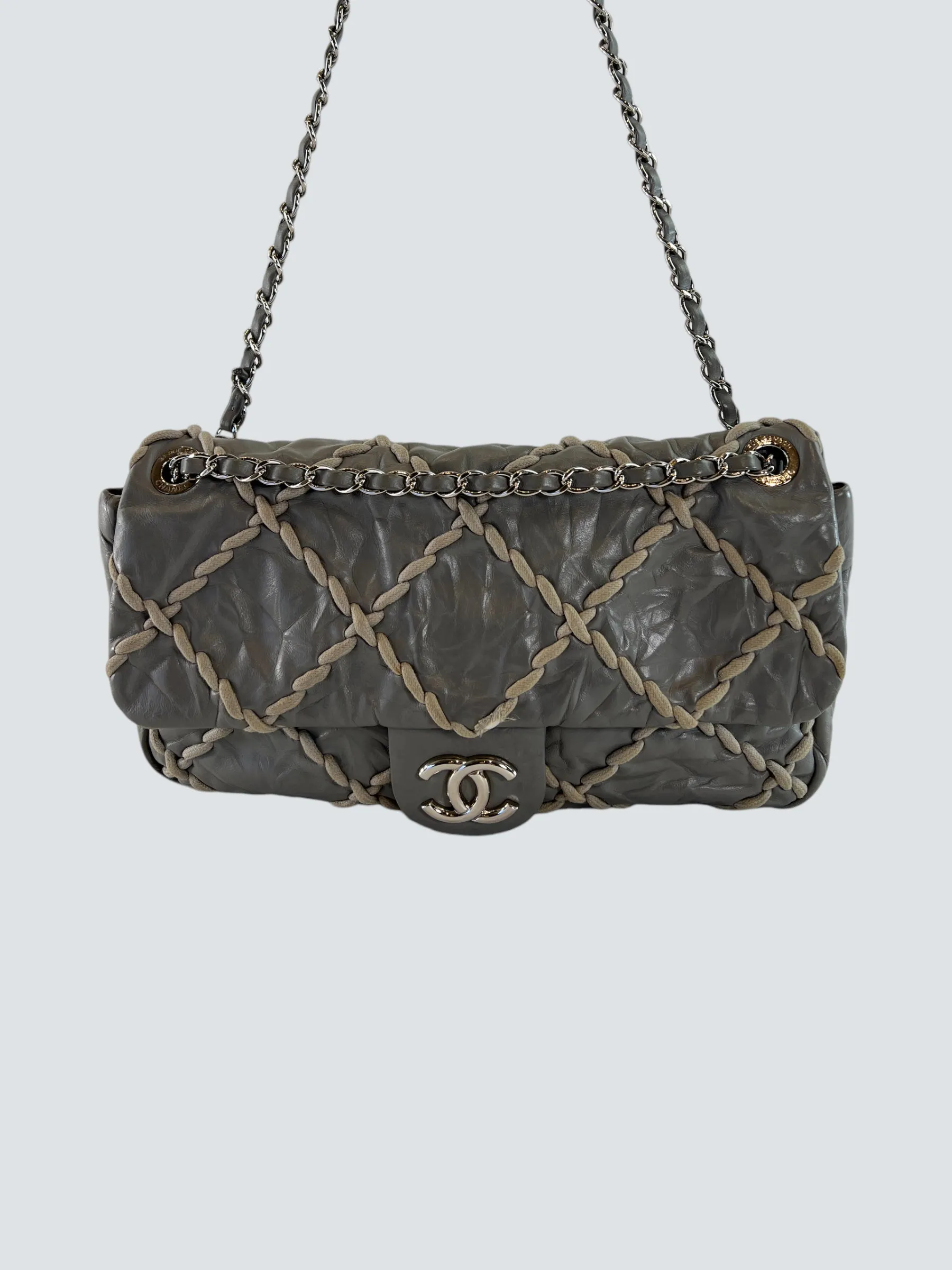 Chanel Grey Lambskin Stitched Leather Shoulder Bag