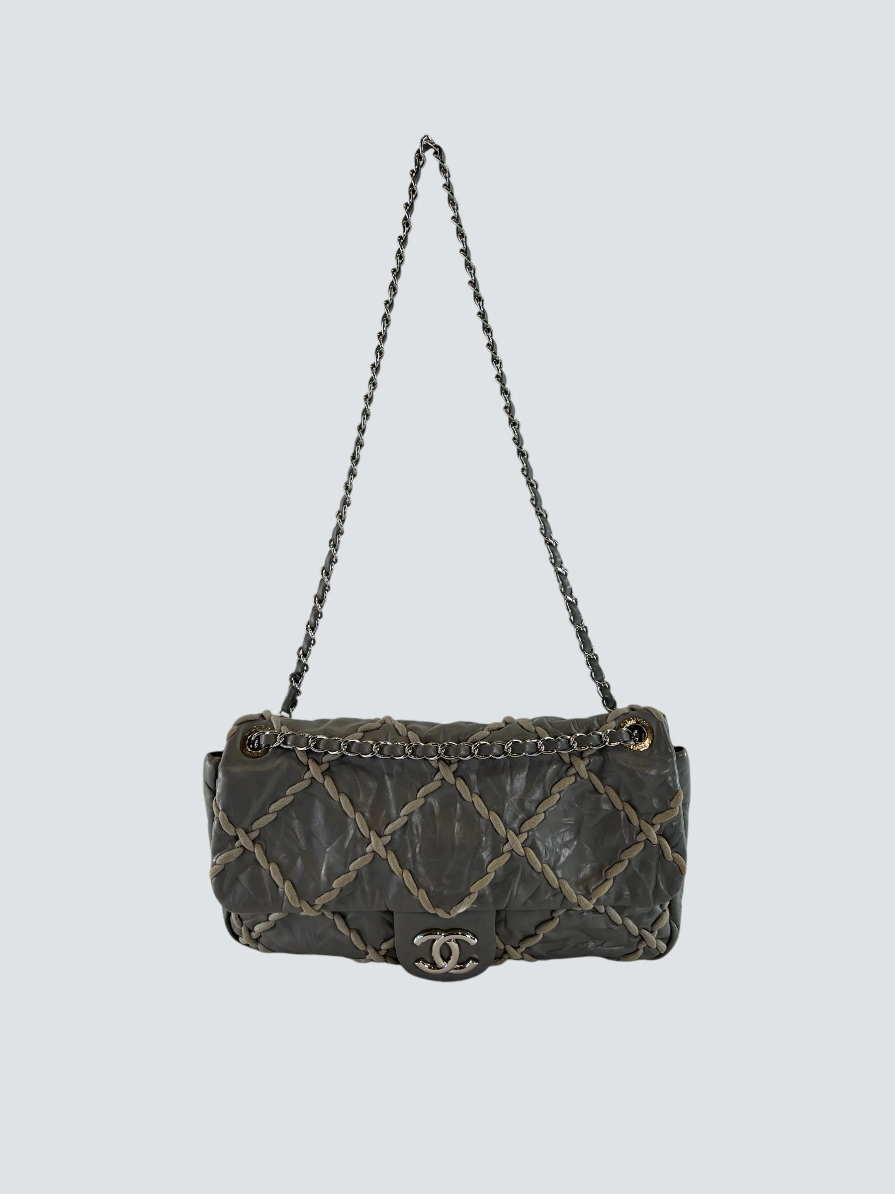 Chanel Grey Lambskin Stitched Leather Shoulder Bag