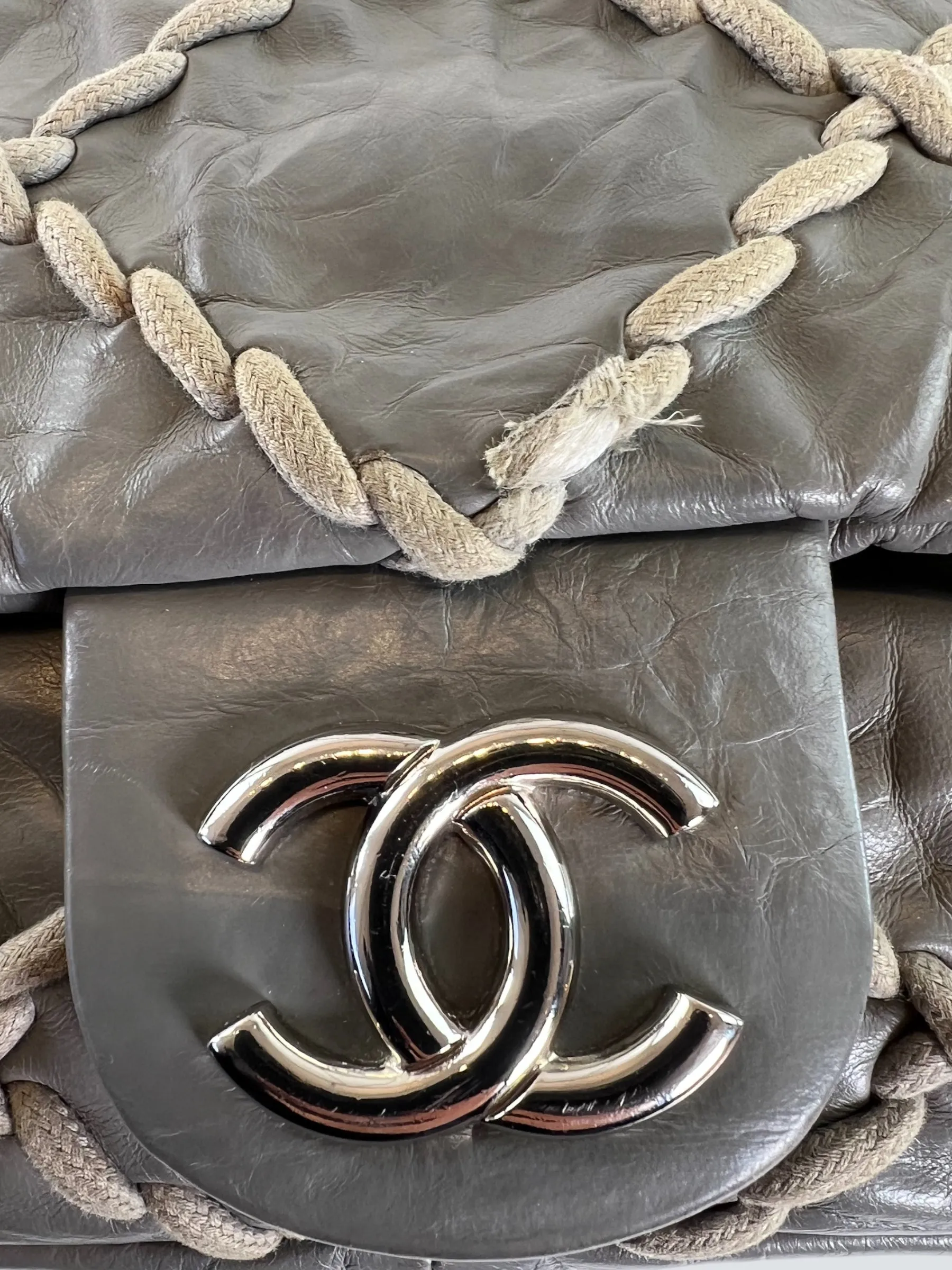 Chanel Grey Lambskin Stitched Leather Shoulder Bag