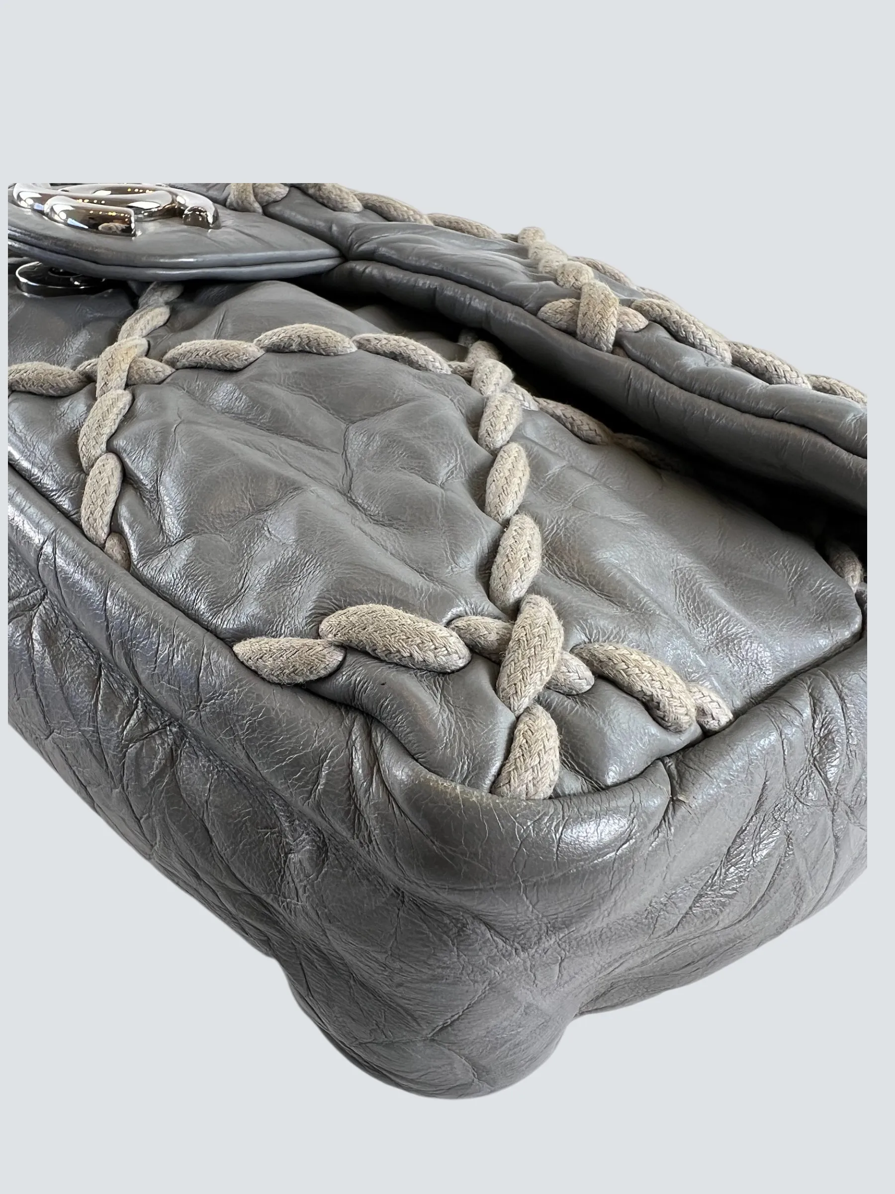 Chanel Grey Lambskin Stitched Leather Shoulder Bag