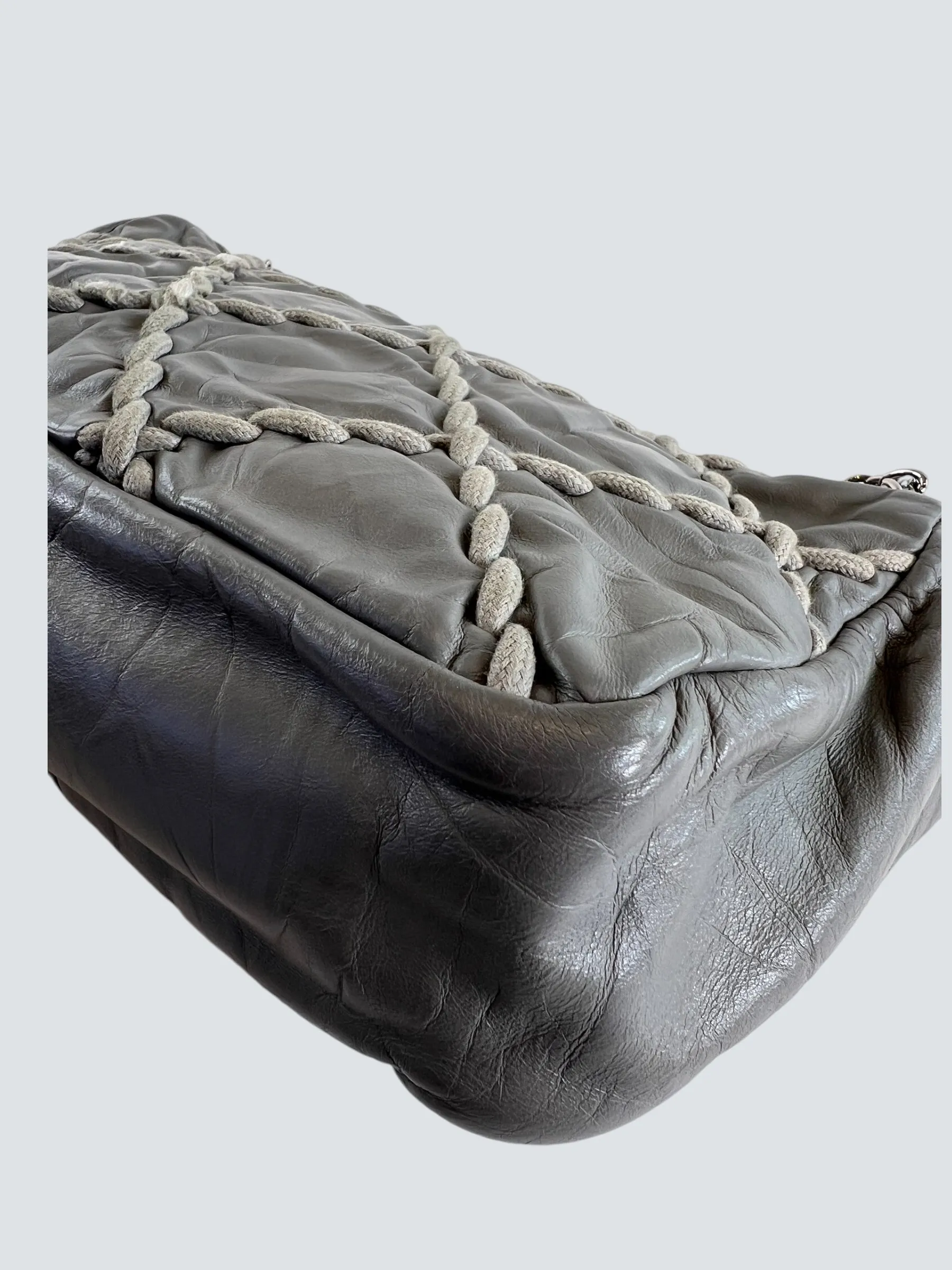 Chanel Grey Lambskin Stitched Leather Shoulder Bag