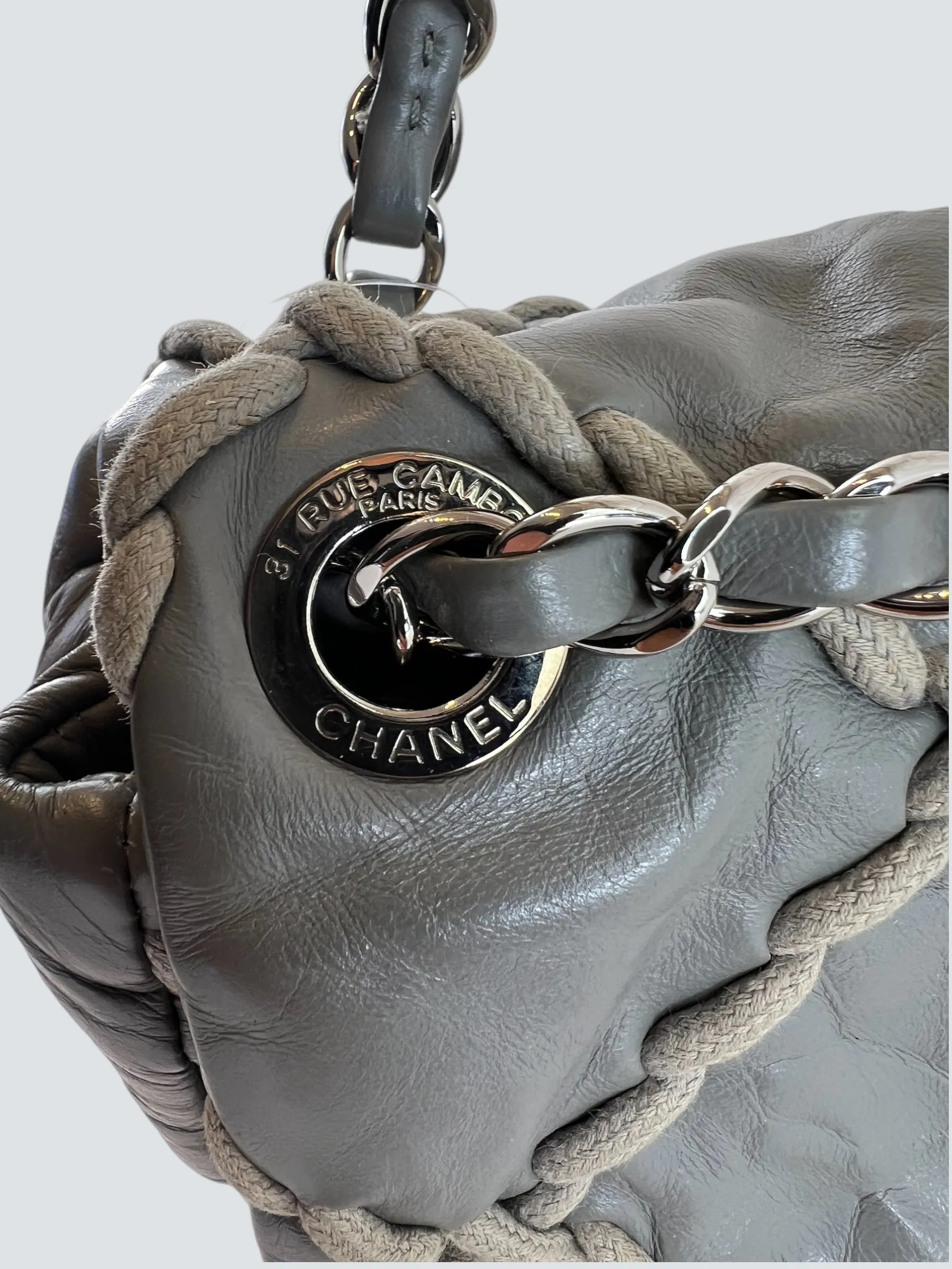 Chanel Grey Lambskin Stitched Leather Shoulder Bag