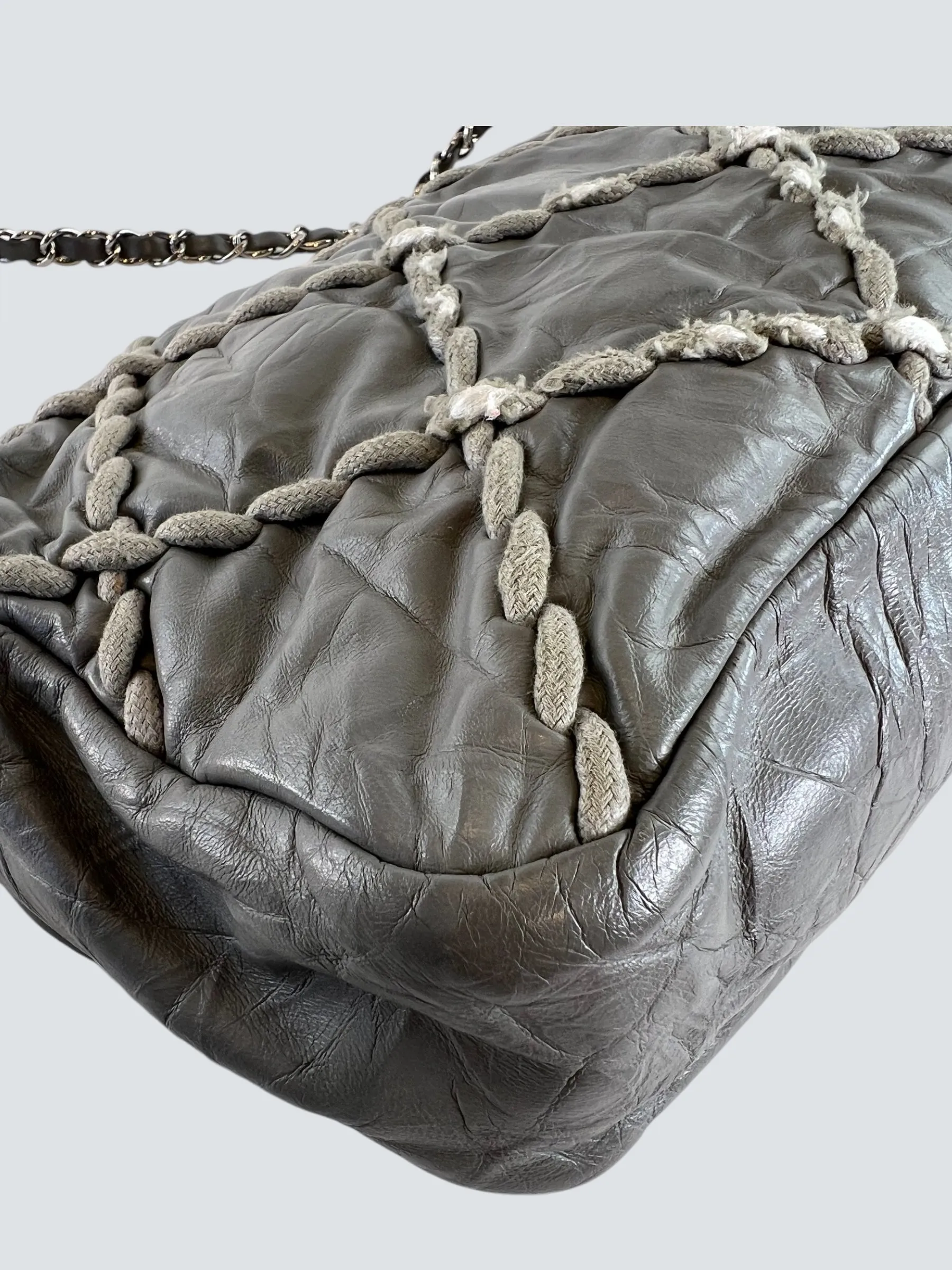 Chanel Grey Lambskin Stitched Leather Shoulder Bag