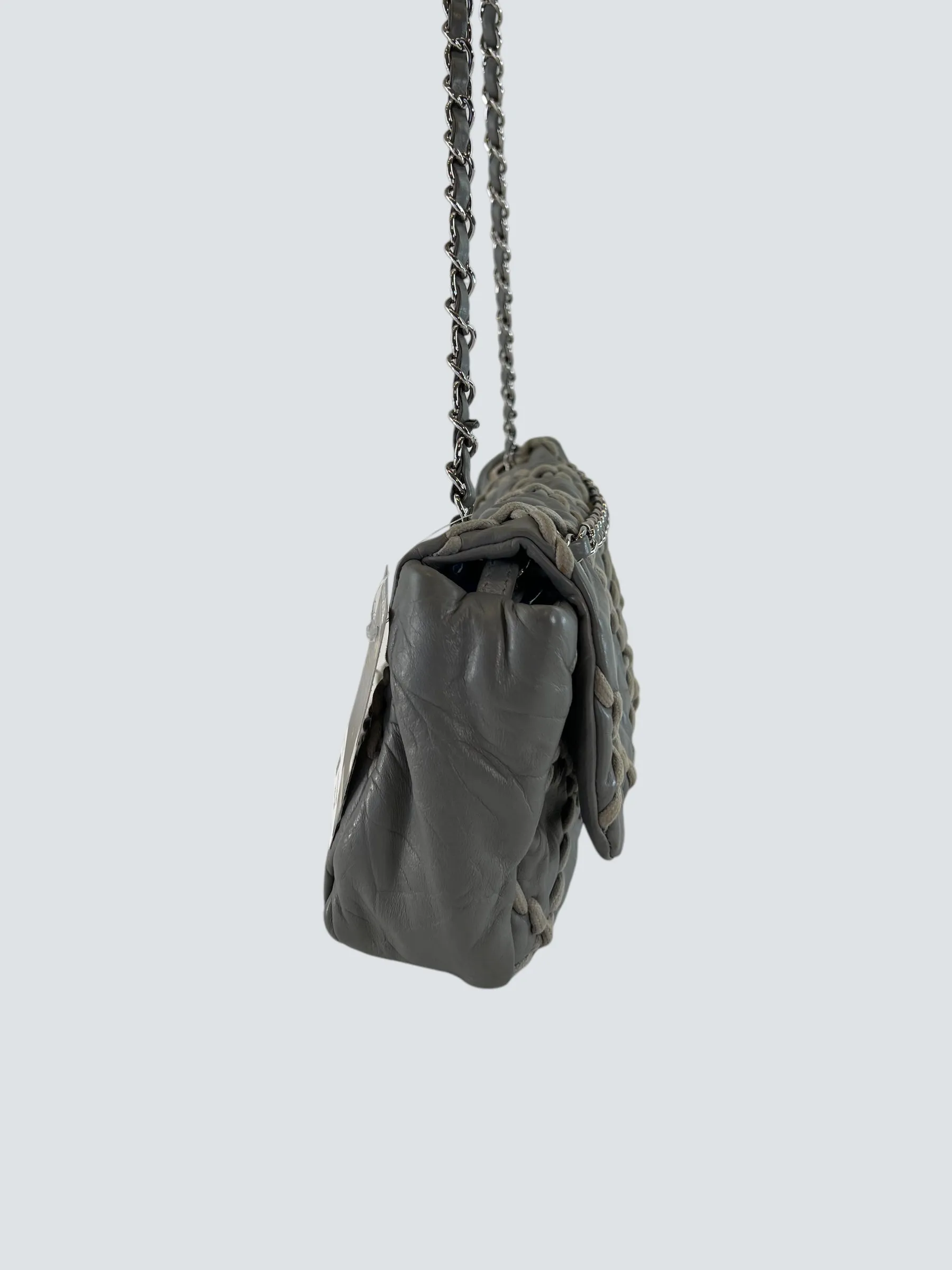 Chanel Grey Lambskin Stitched Leather Shoulder Bag