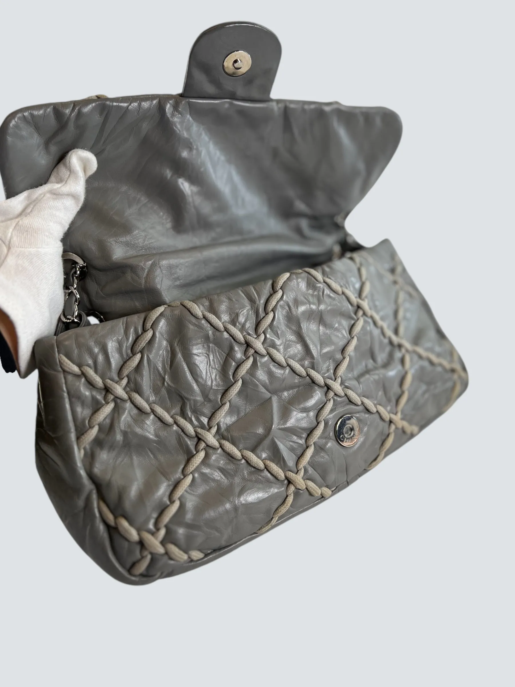 Chanel Grey Lambskin Stitched Leather Shoulder Bag