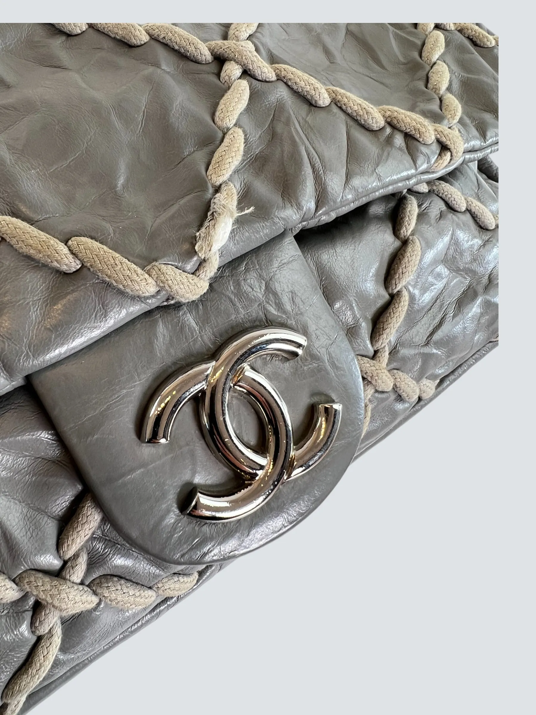 Chanel Grey Lambskin Stitched Leather Shoulder Bag