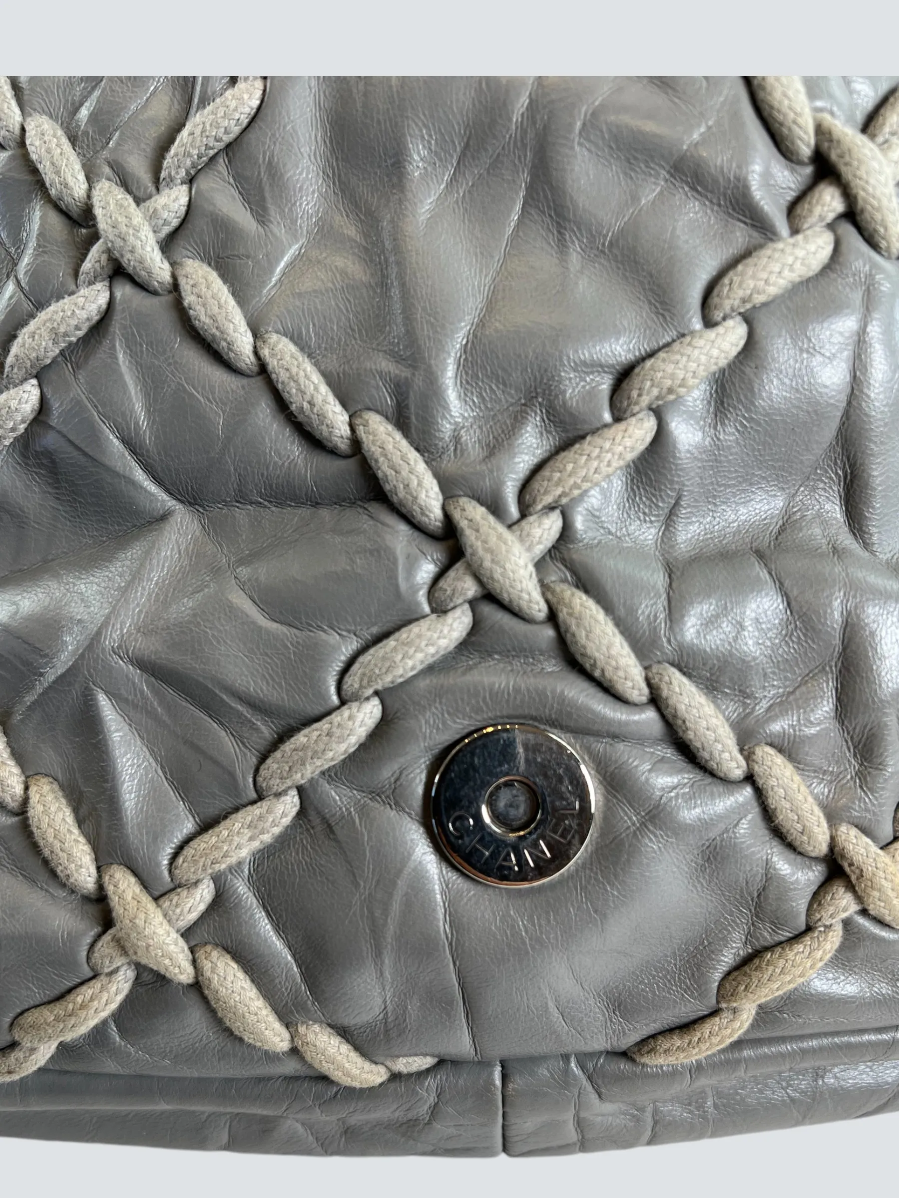 Chanel Grey Lambskin Stitched Leather Shoulder Bag