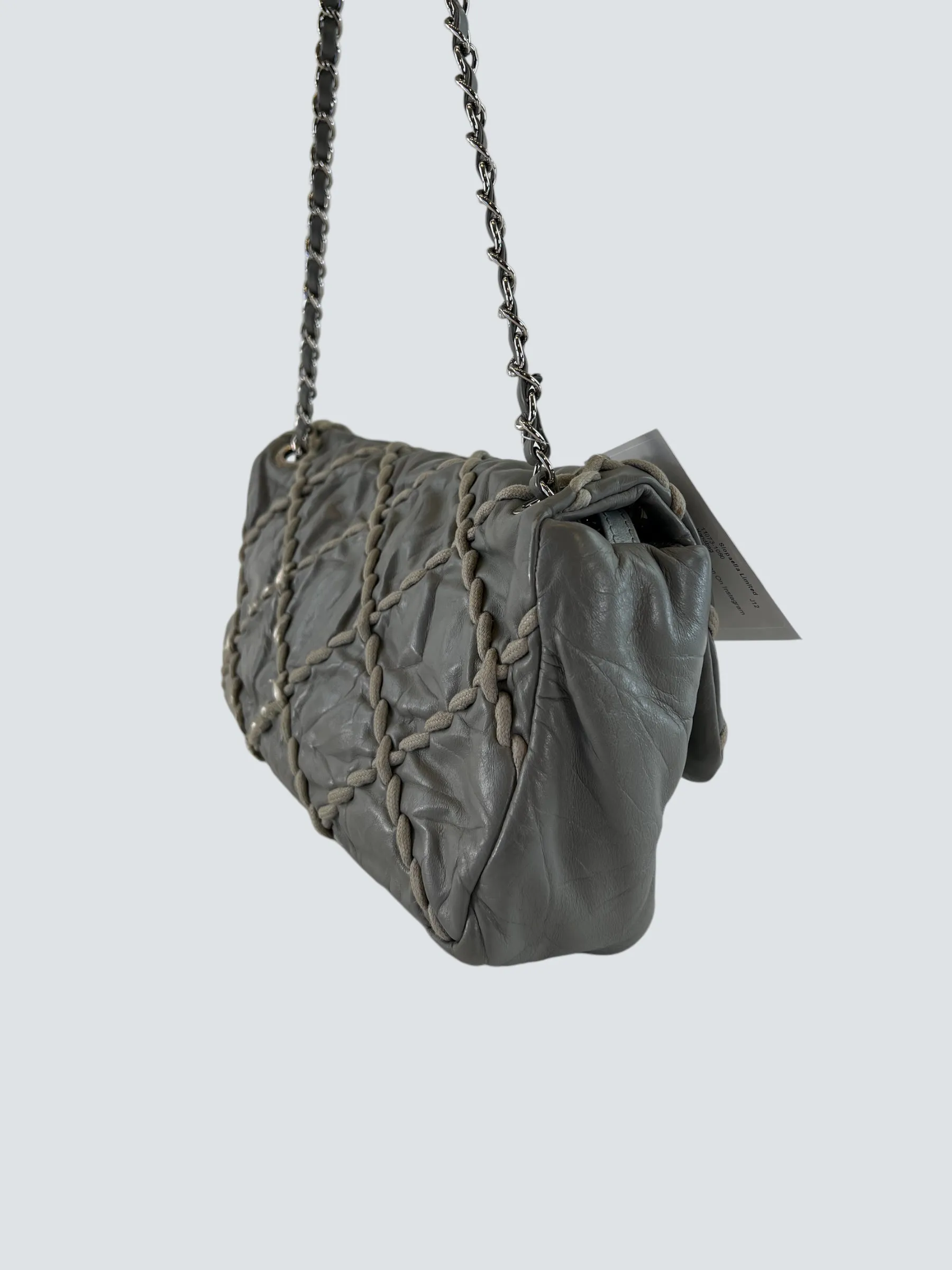 Chanel Grey Lambskin Stitched Leather Shoulder Bag