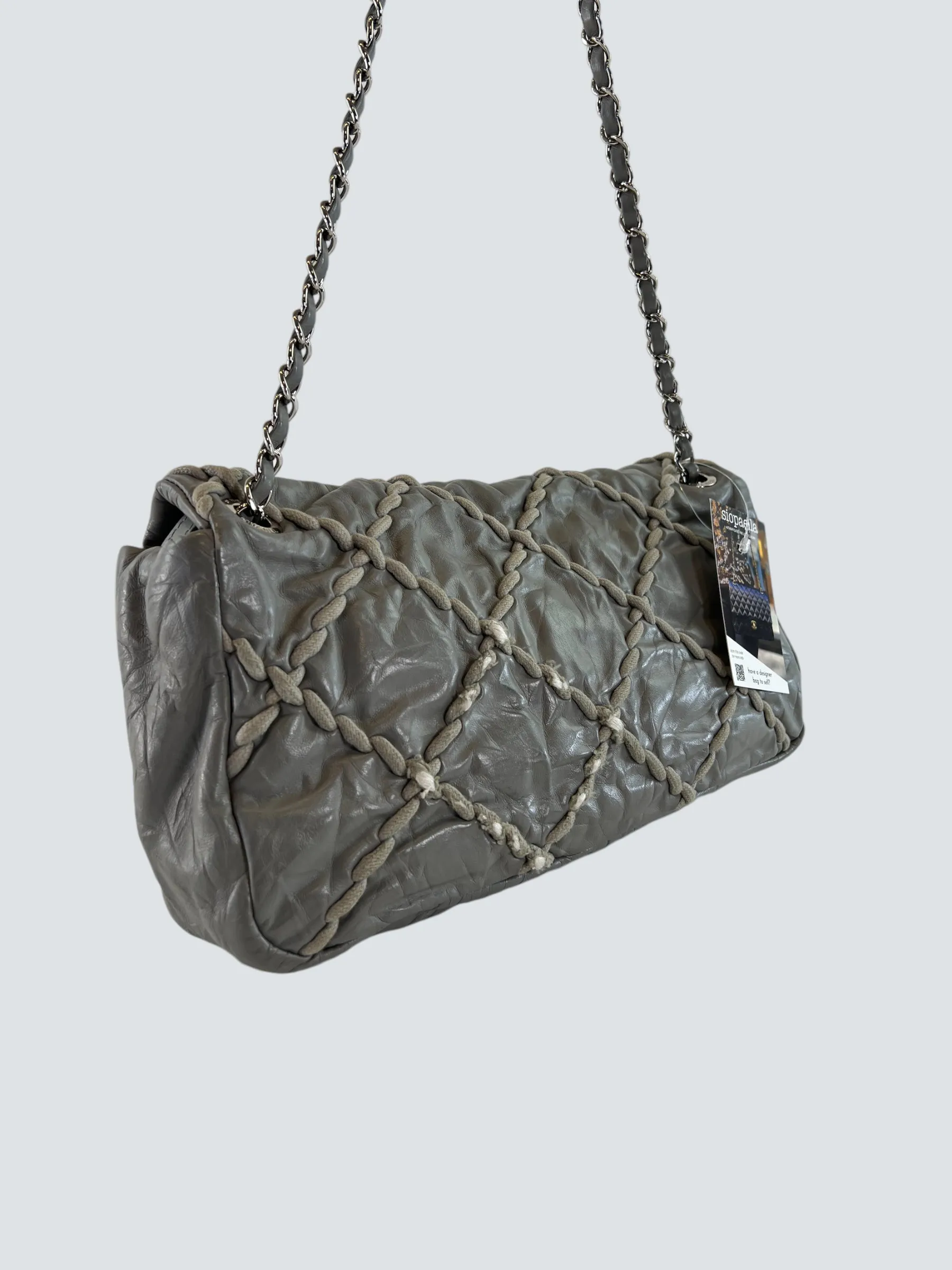 Chanel Grey Lambskin Stitched Leather Shoulder Bag