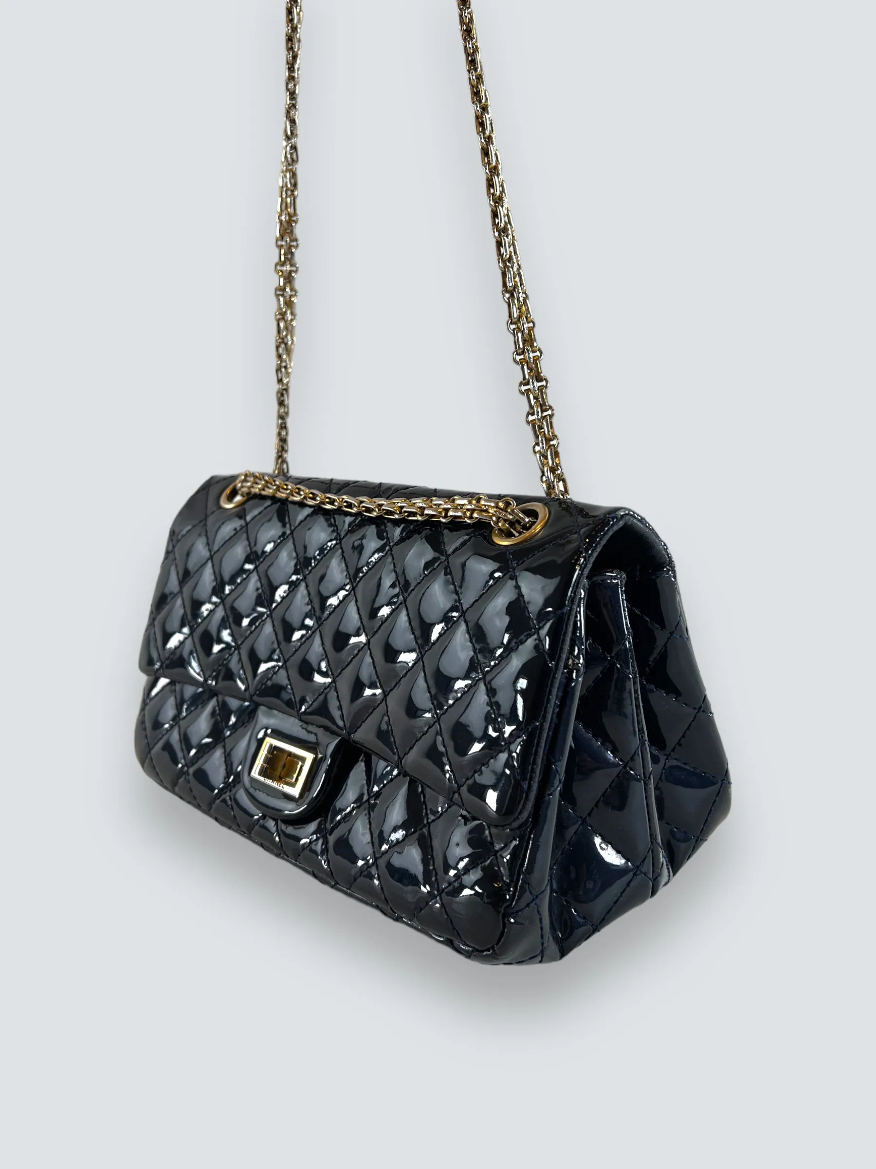 Chanel Navy Patent Leather Double Compartment Reissue 2.55