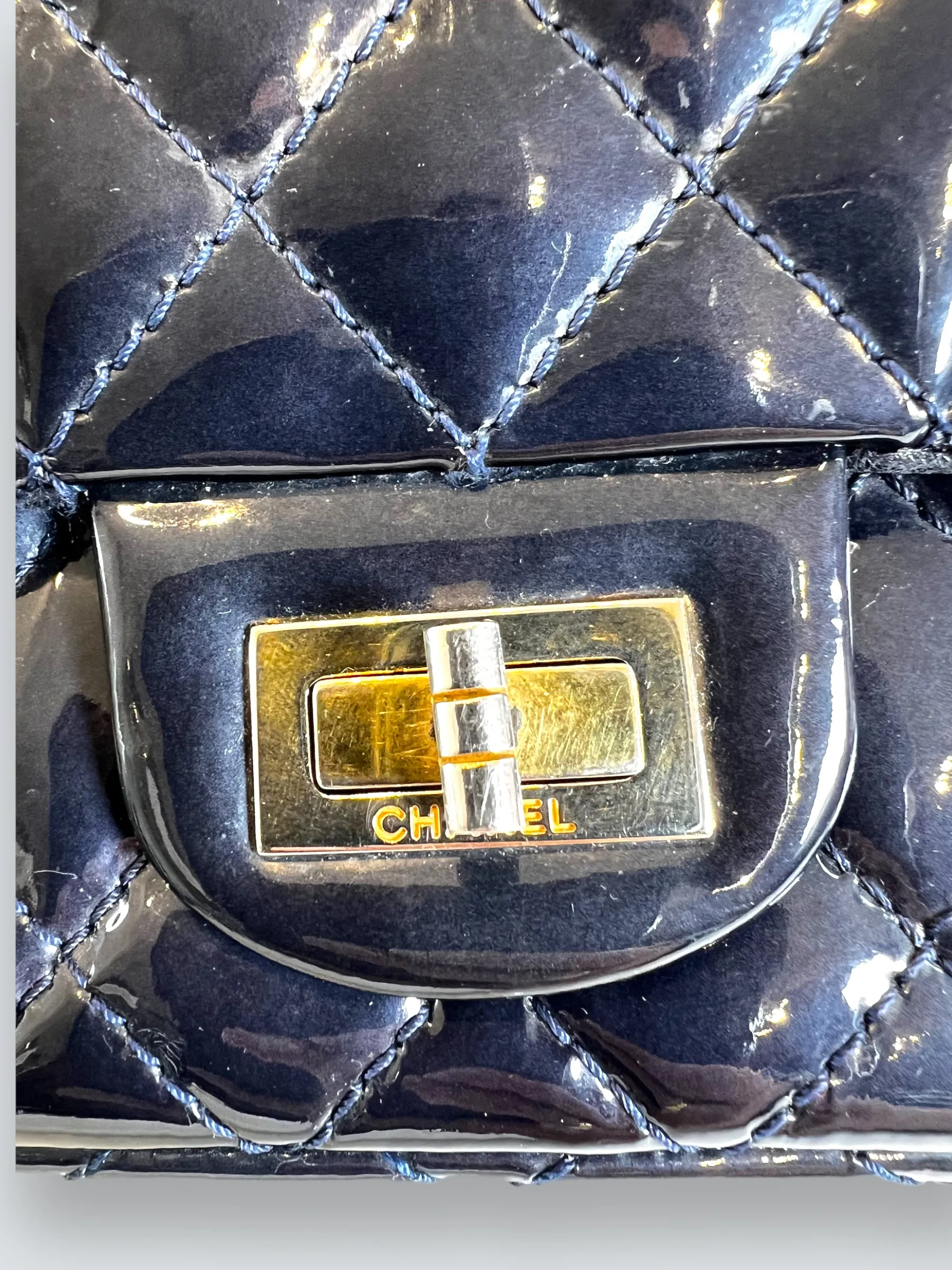 Chanel Navy Patent Leather Double Compartment Reissue 2.55