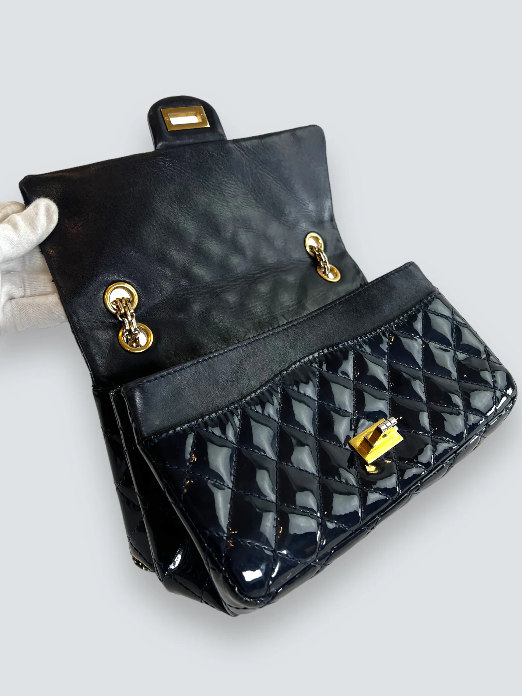 Chanel Navy Patent Leather Double Compartment Reissue 2.55