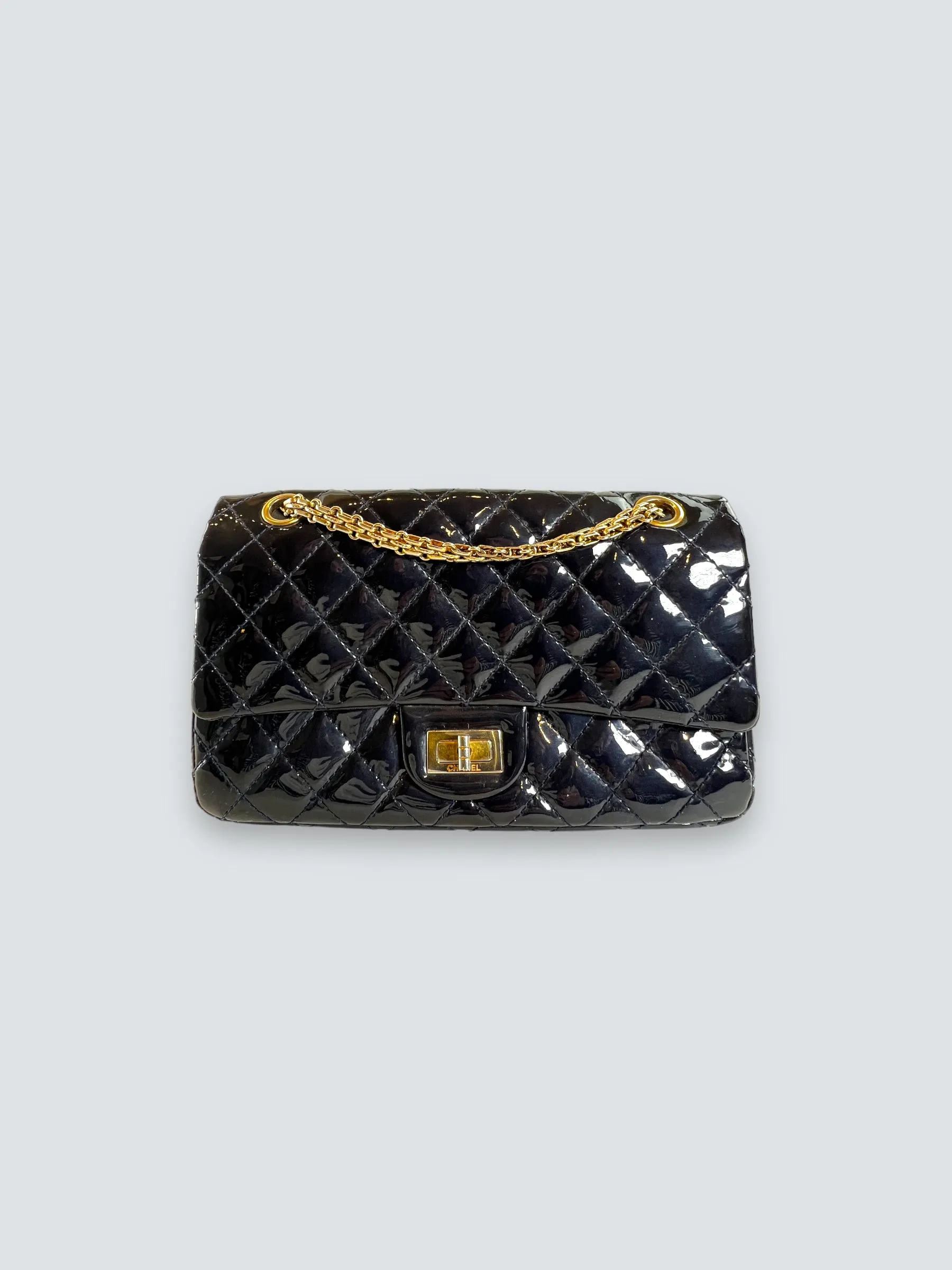 Chanel Navy Patent Leather Double Compartment Reissue 2.55