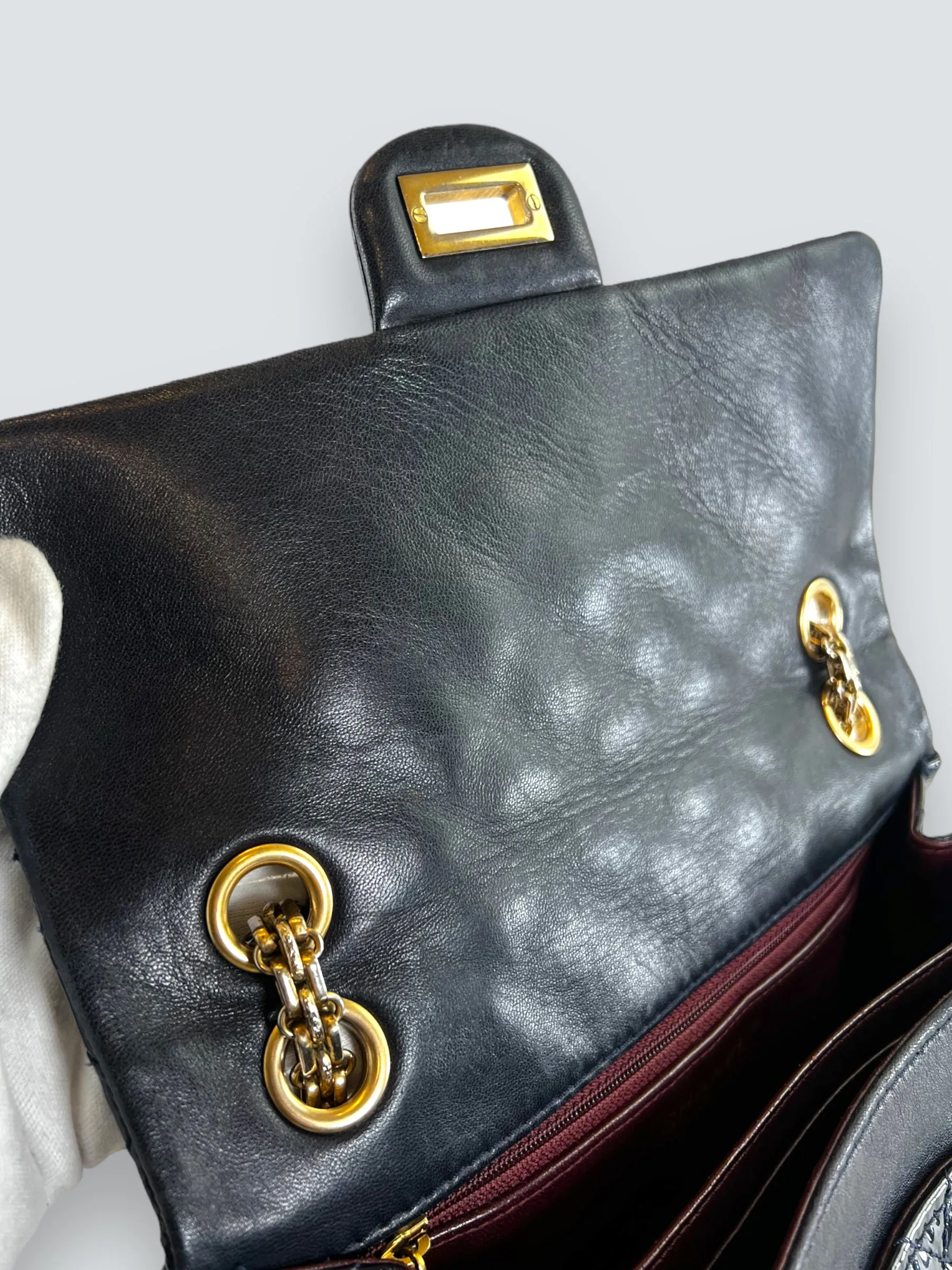 Chanel Navy Patent Leather Double Compartment Reissue 2.55