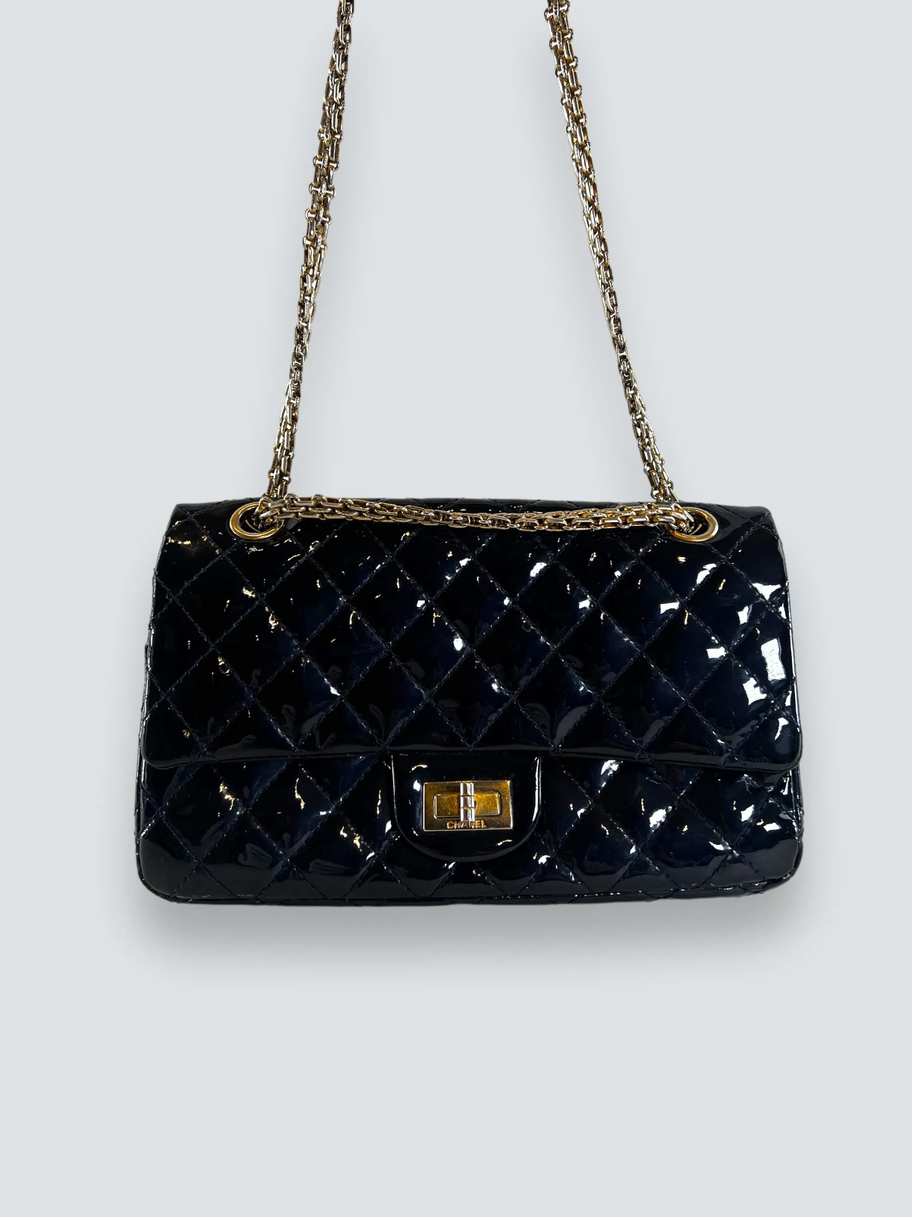 Chanel Navy Patent Leather Double Compartment Reissue 2.55