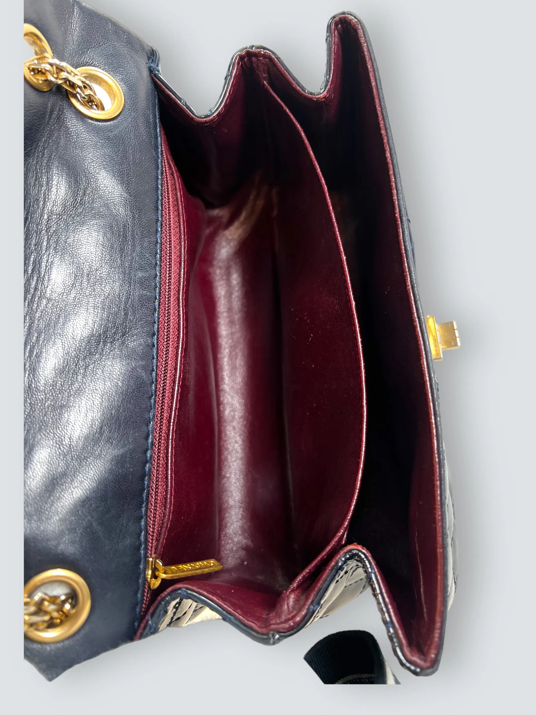 Chanel Navy Patent Leather Double Compartment Reissue 2.55