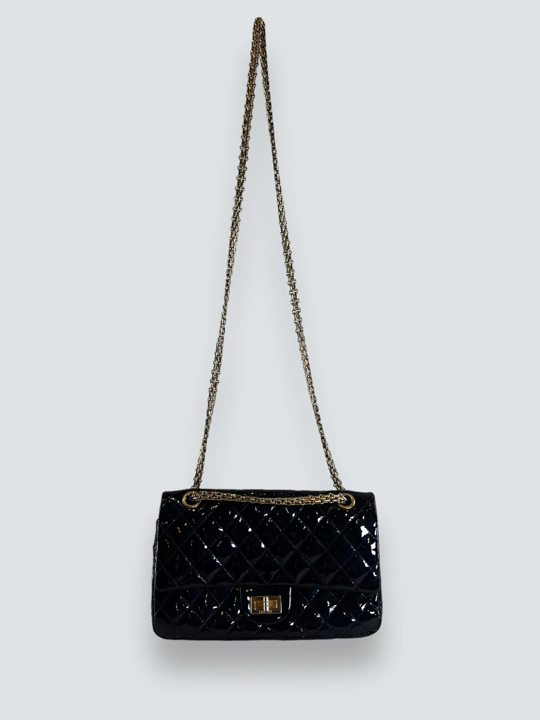 Chanel Navy Patent Leather Double Compartment Reissue 2.55