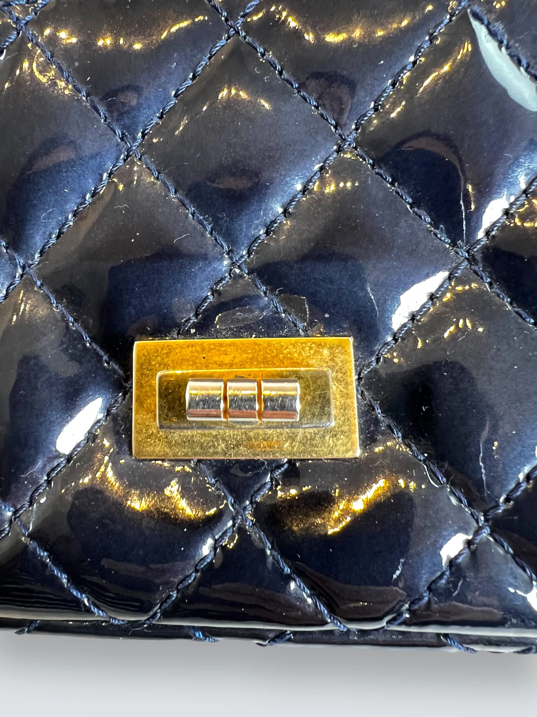 Chanel Navy Patent Leather Double Compartment Reissue 2.55