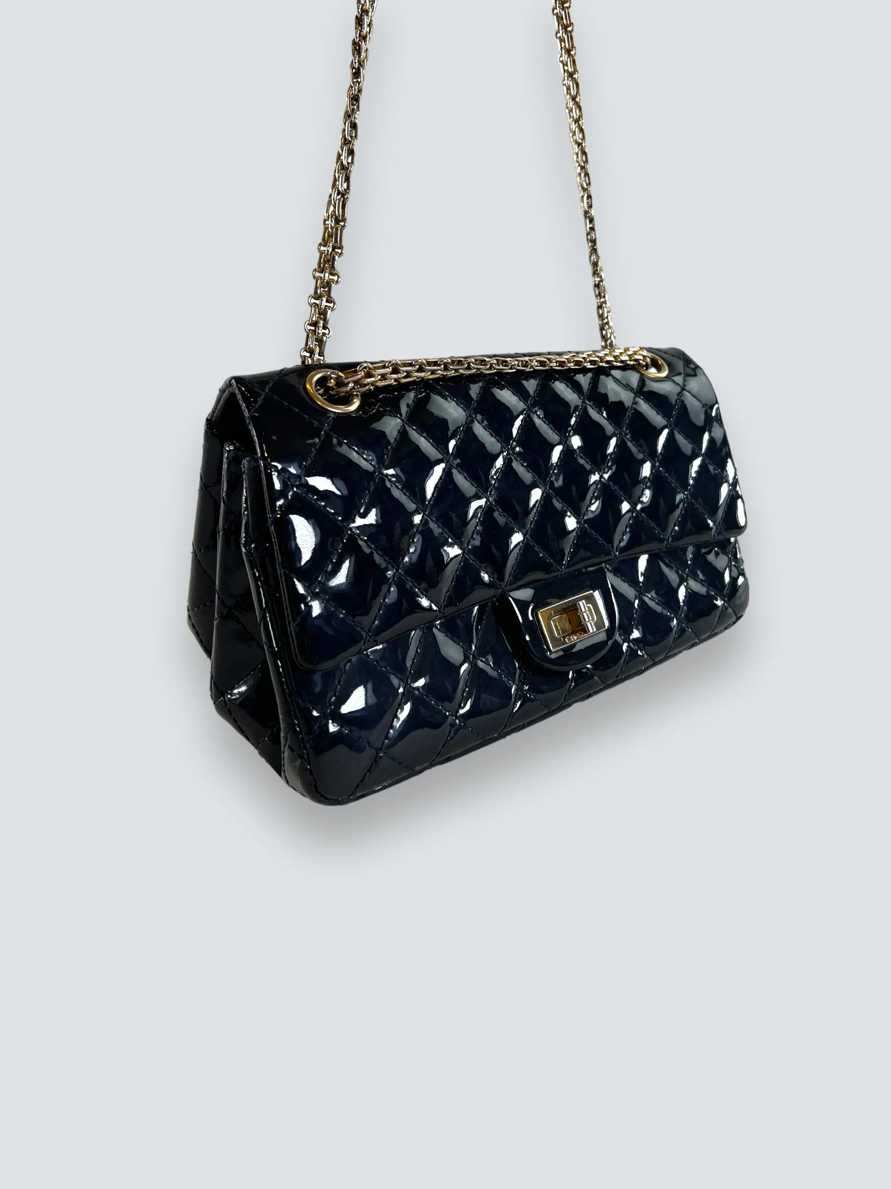 Chanel Navy Patent Leather Double Compartment Reissue 2.55