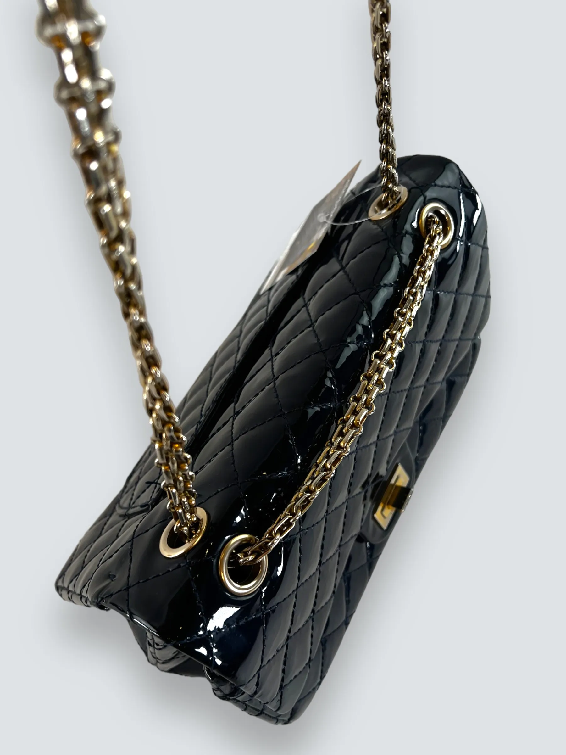 Chanel Navy Patent Leather Double Compartment Reissue 2.55