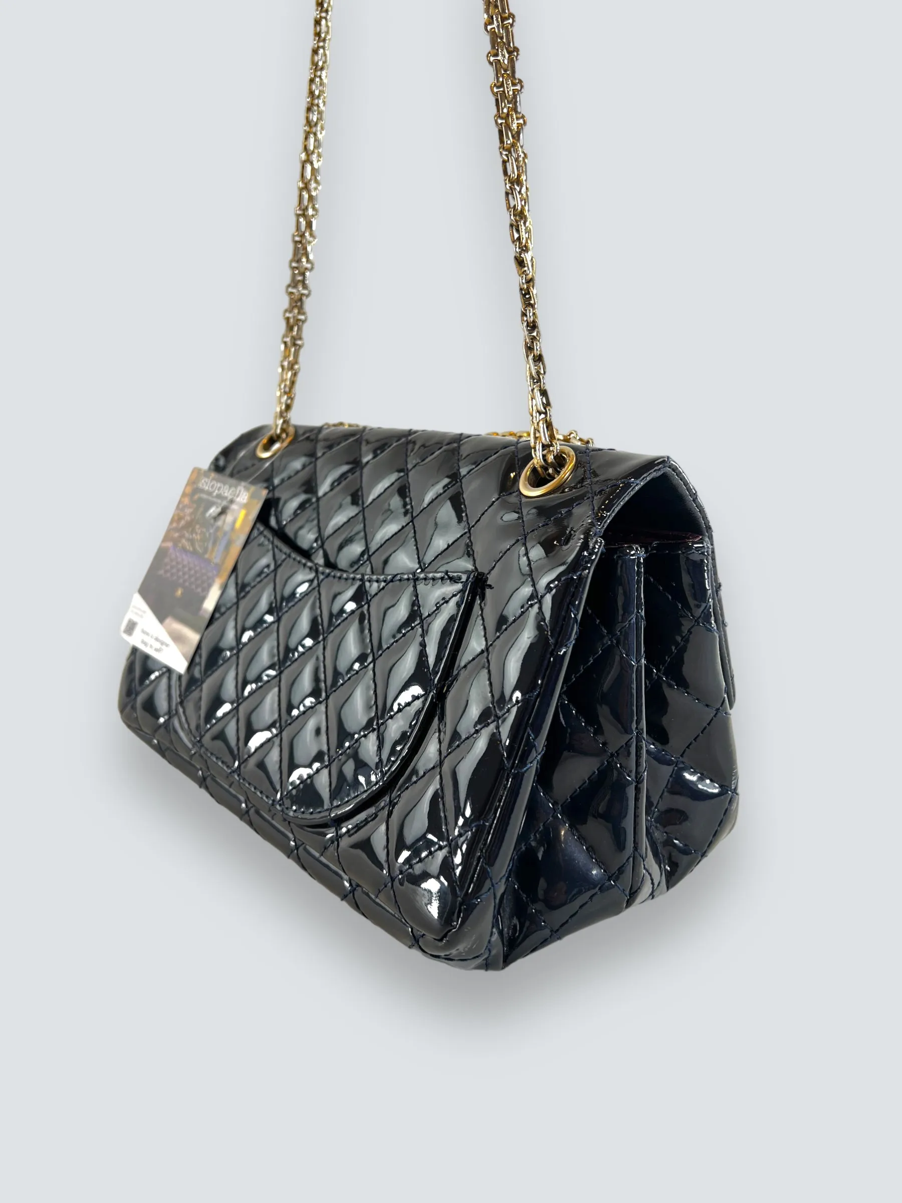 Chanel Navy Patent Leather Double Compartment Reissue 2.55