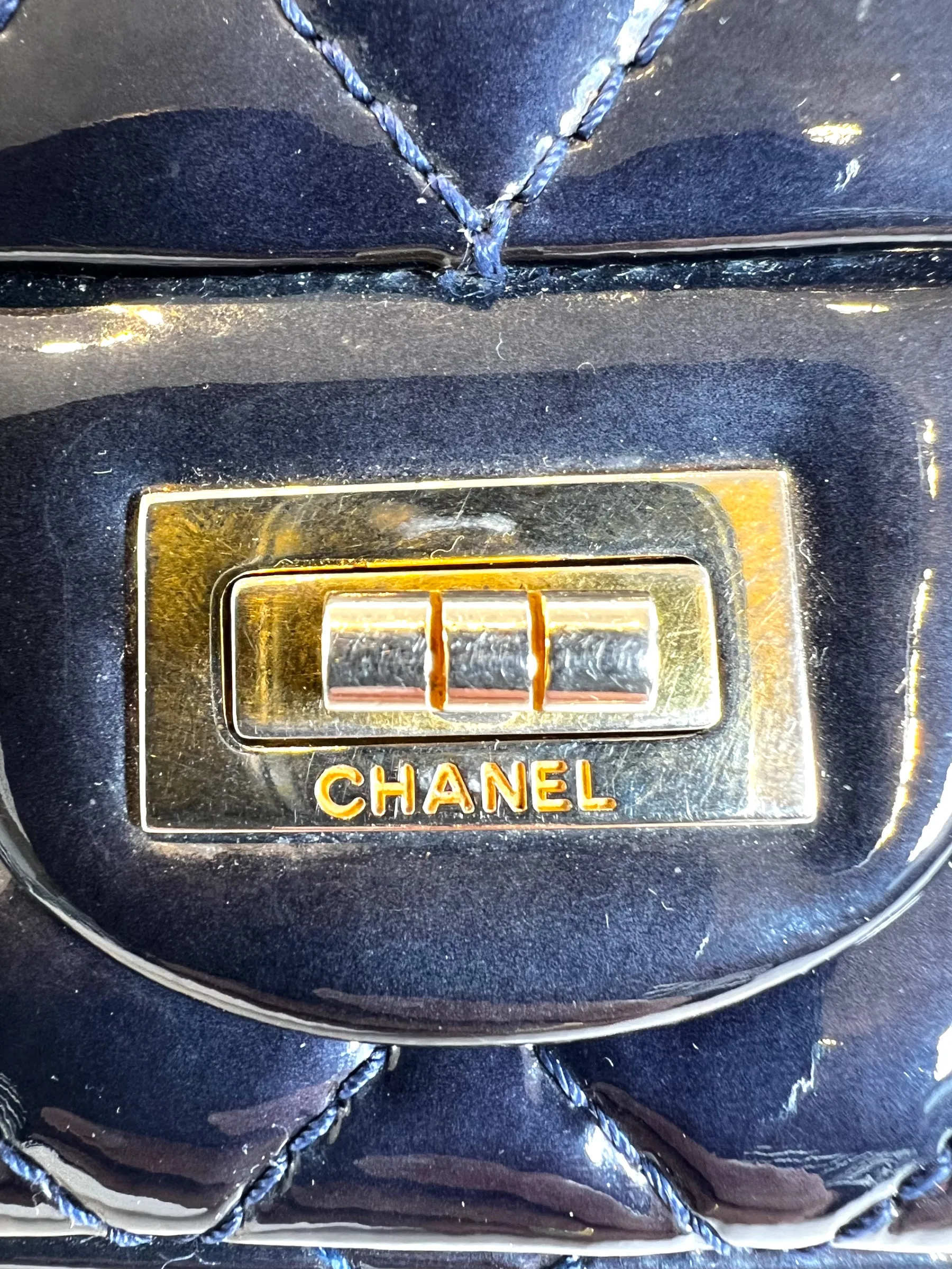 Chanel Navy Patent Leather Double Compartment Reissue 2.55
