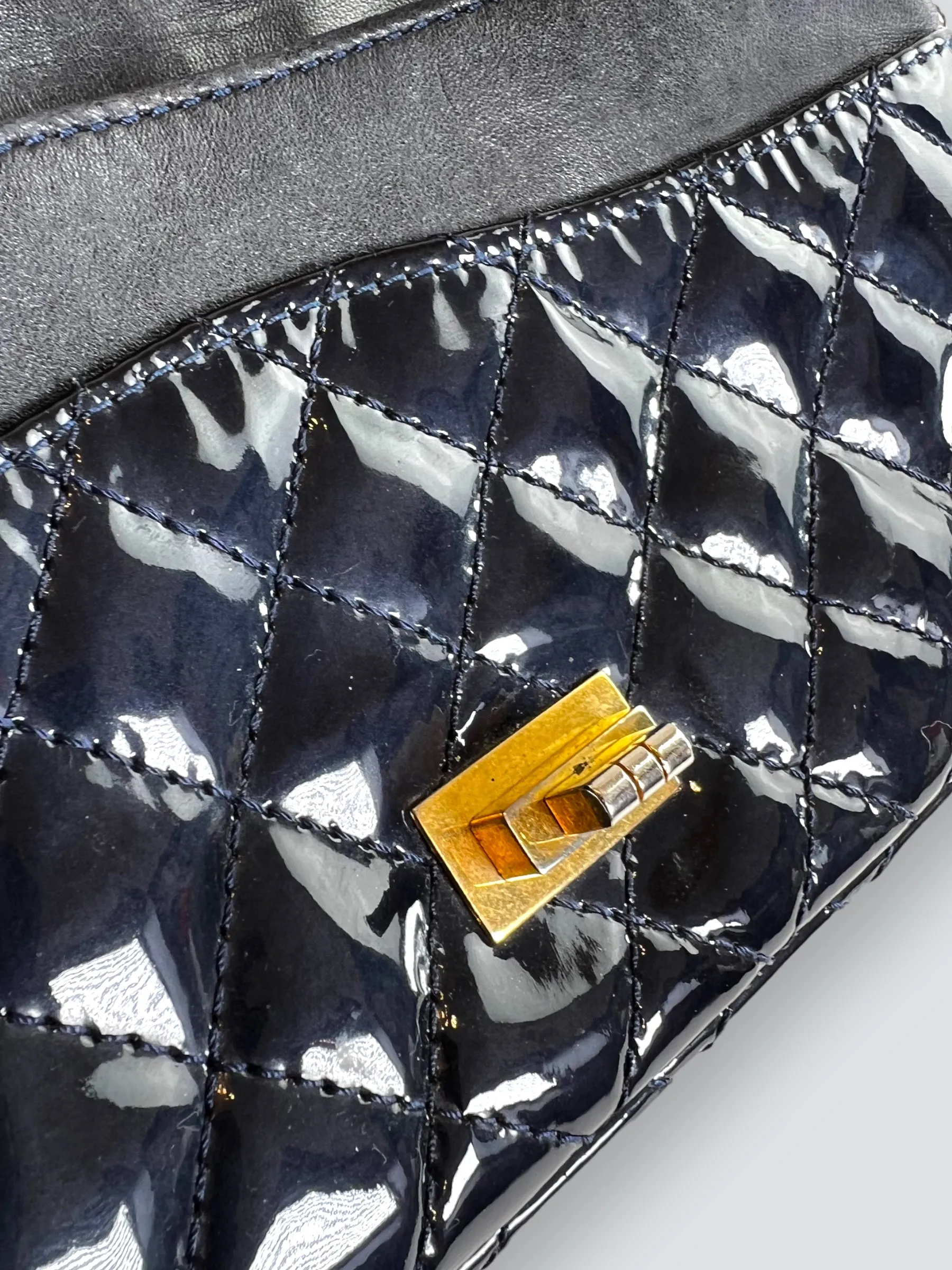 Chanel Navy Patent Leather Double Compartment Reissue 2.55