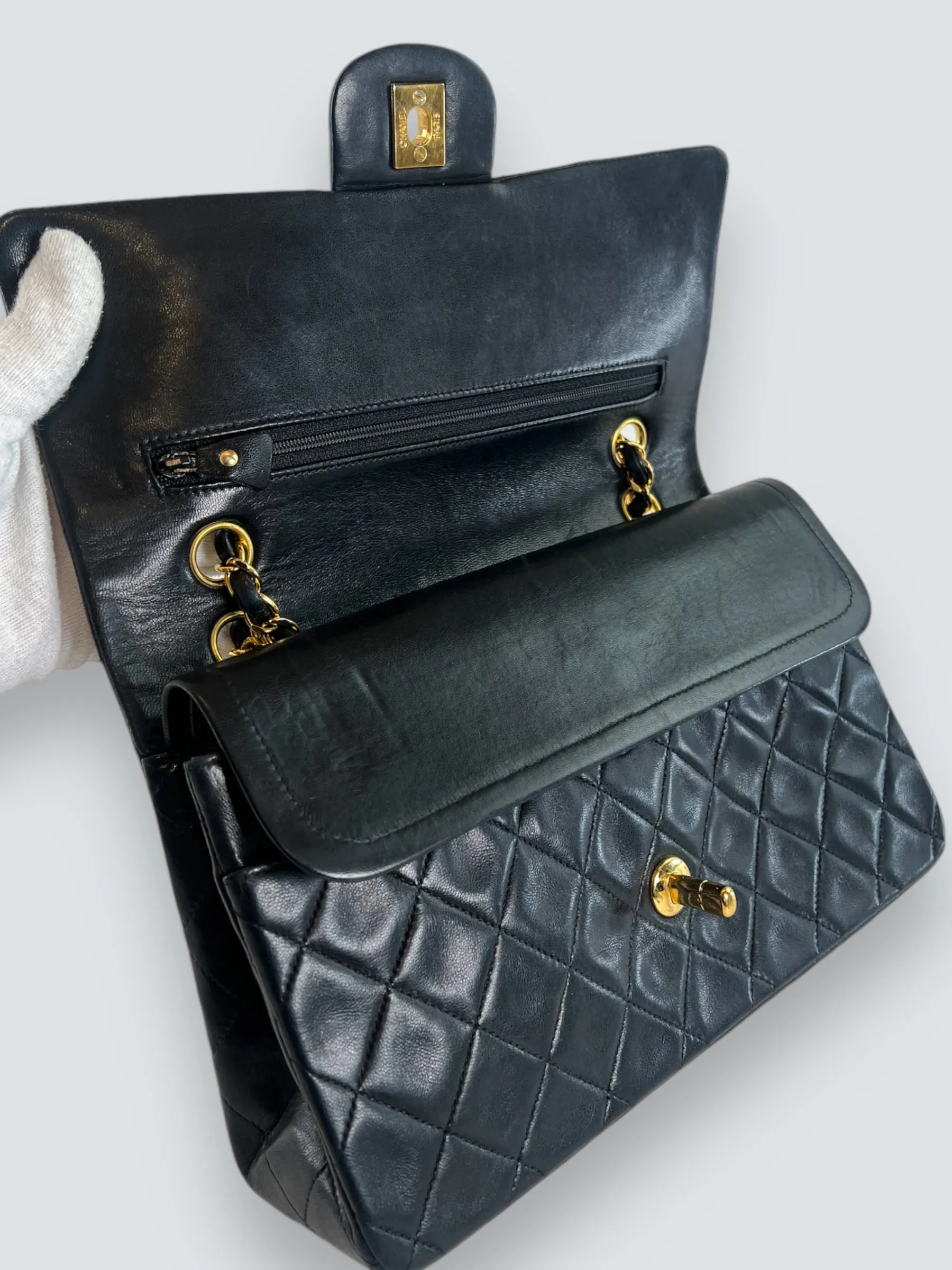 Chanel Vintage Black Lambskin Leather Medium Double Flap