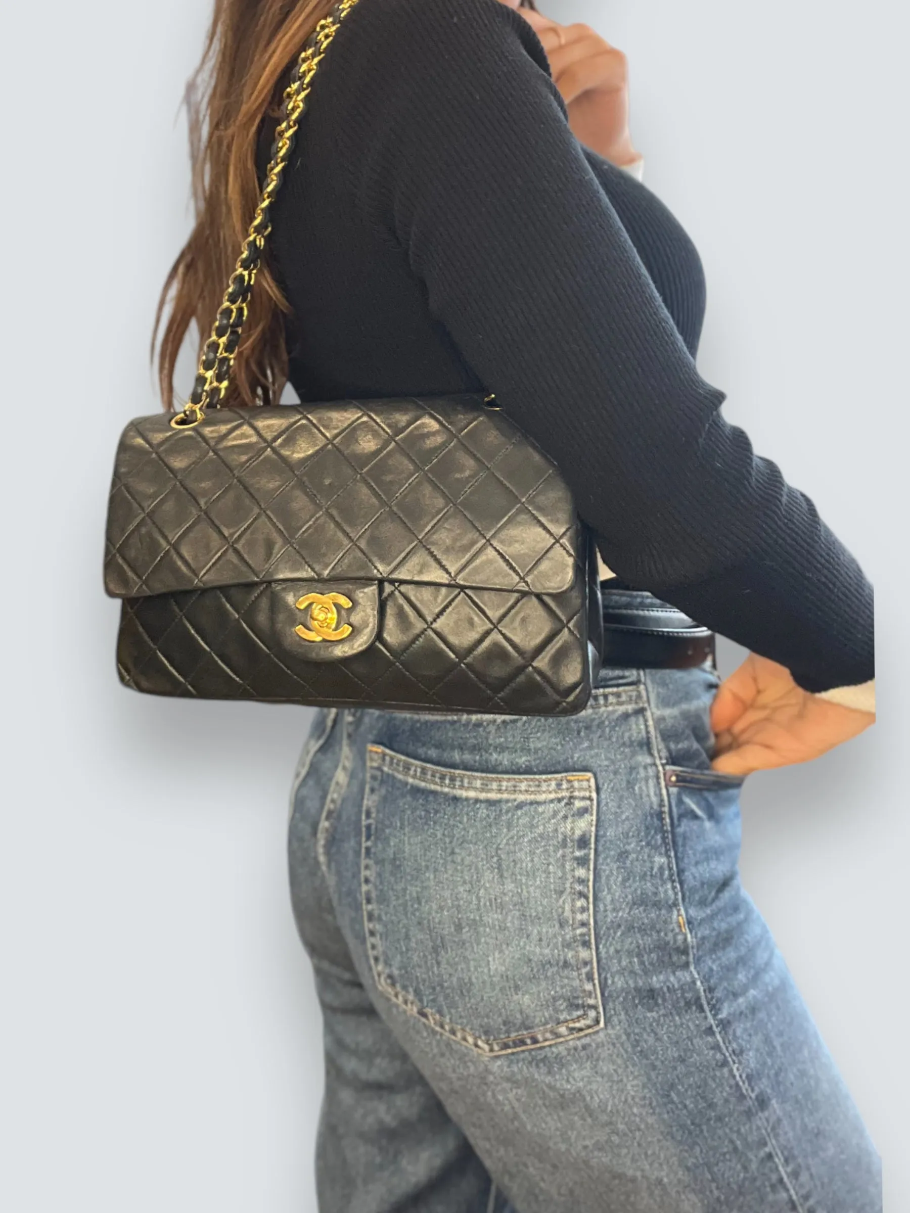 Chanel Vintage Black Lambskin Leather Medium Double Flap