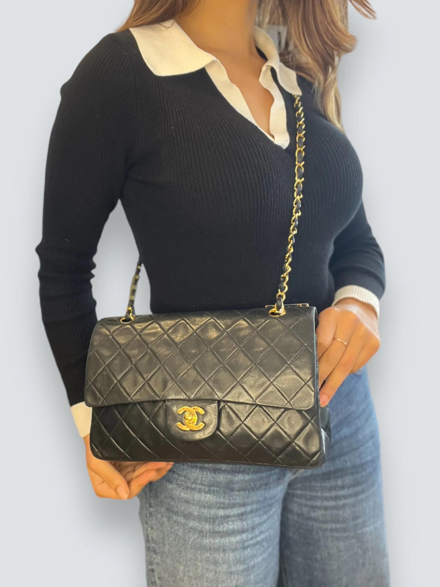 Chanel Vintage Black Lambskin Leather Medium Double Flap