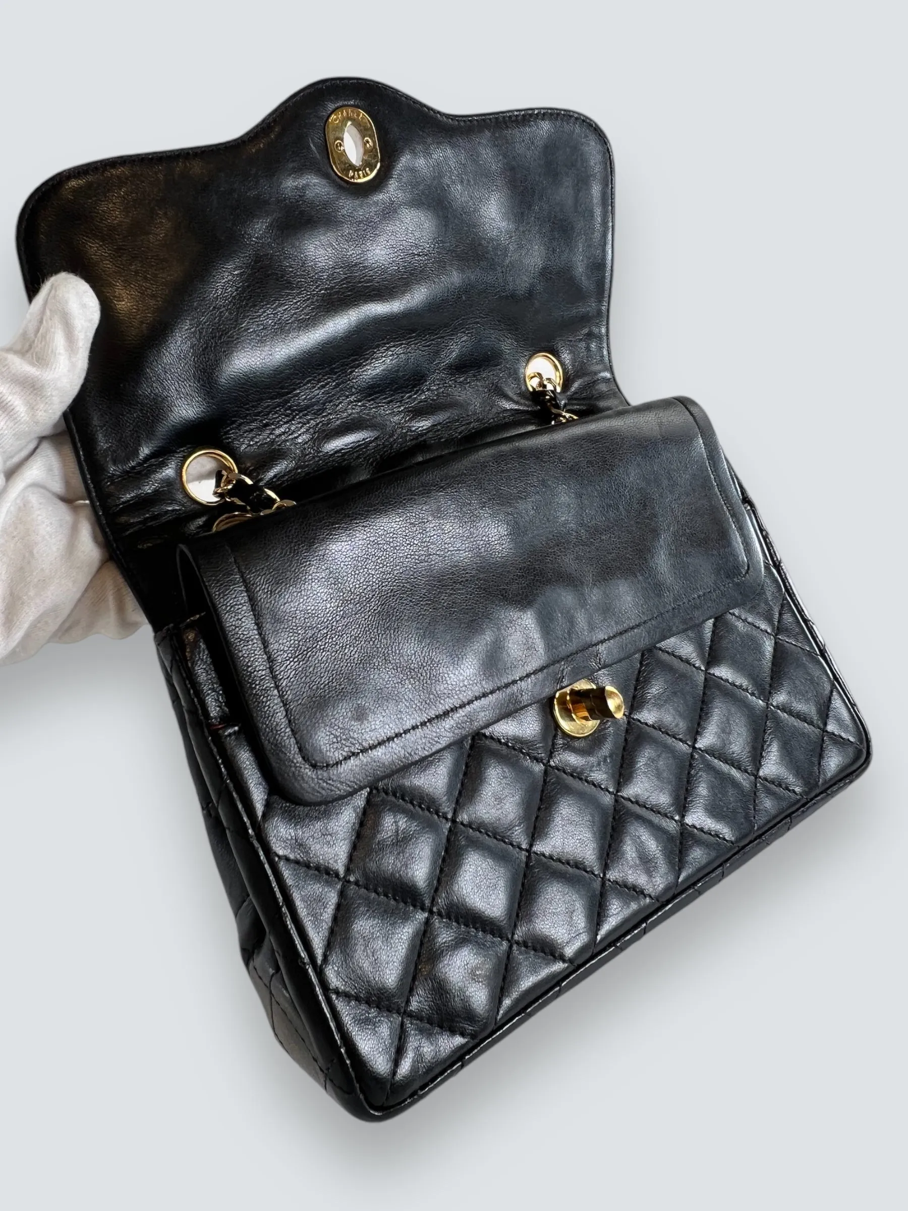 Chanel Vintage Black Lambskin Leather Small Double Flap