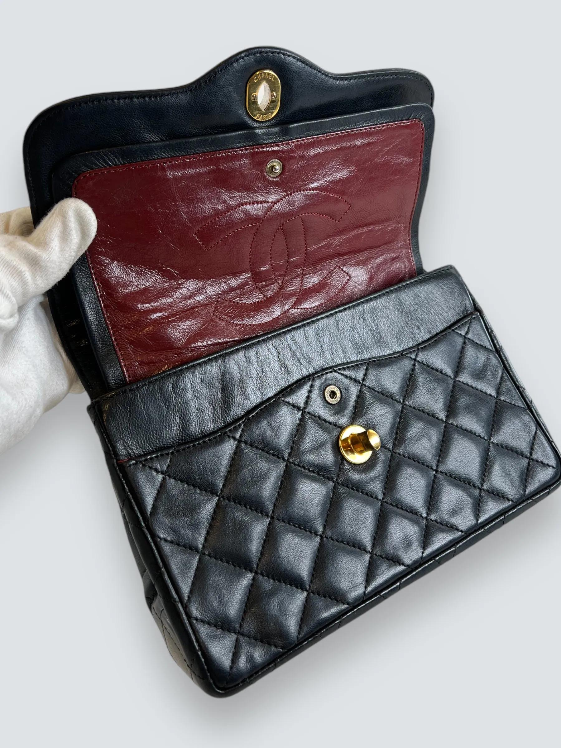 Chanel Vintage Black Lambskin Leather Small Double Flap