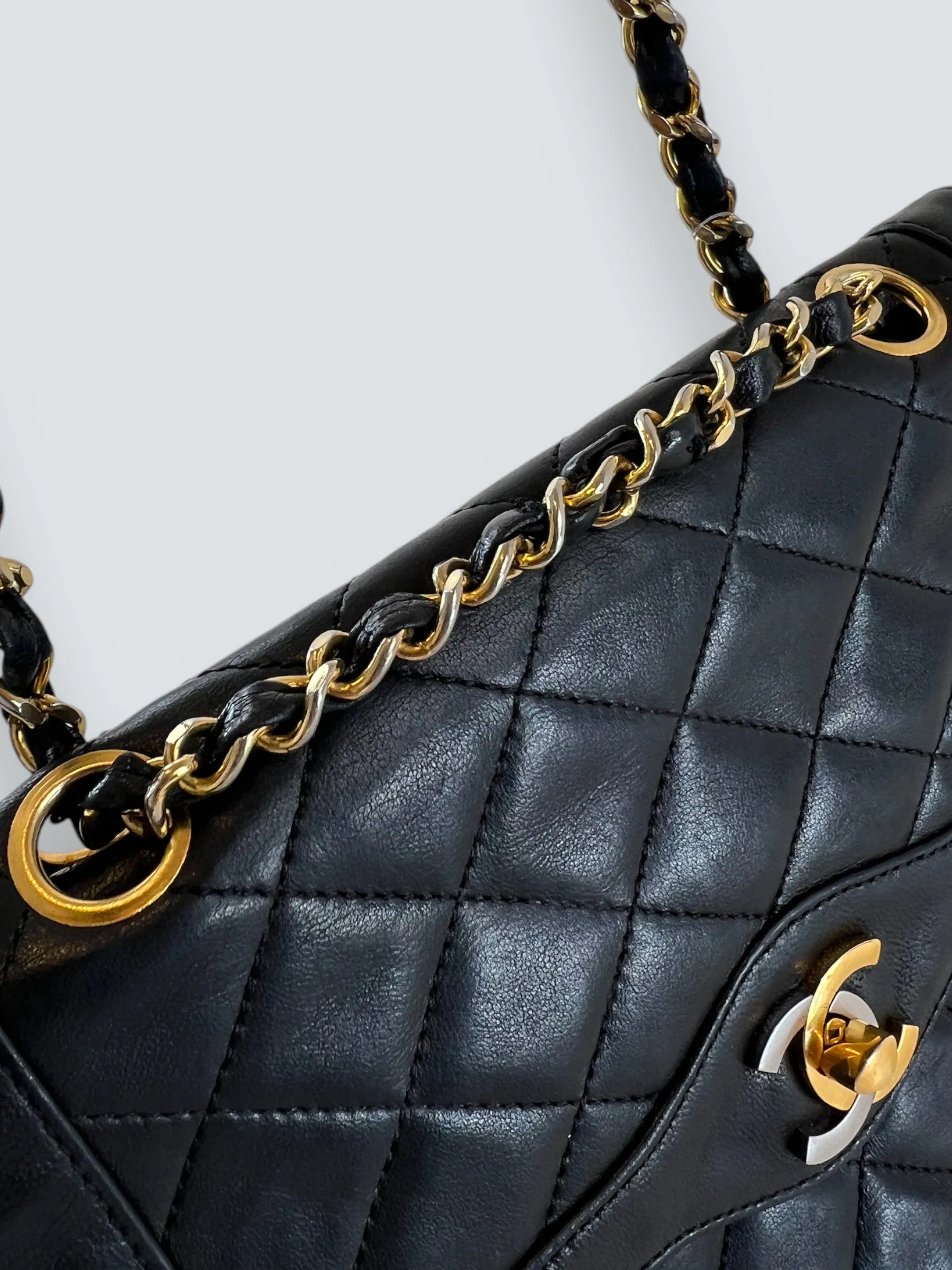 Chanel Vintage Black Lambskin Leather Small Double Flap