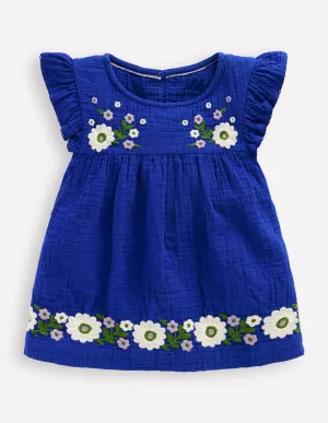 Double Cloth Frill Sleeve Top-Kingfisher Blue Embroidered