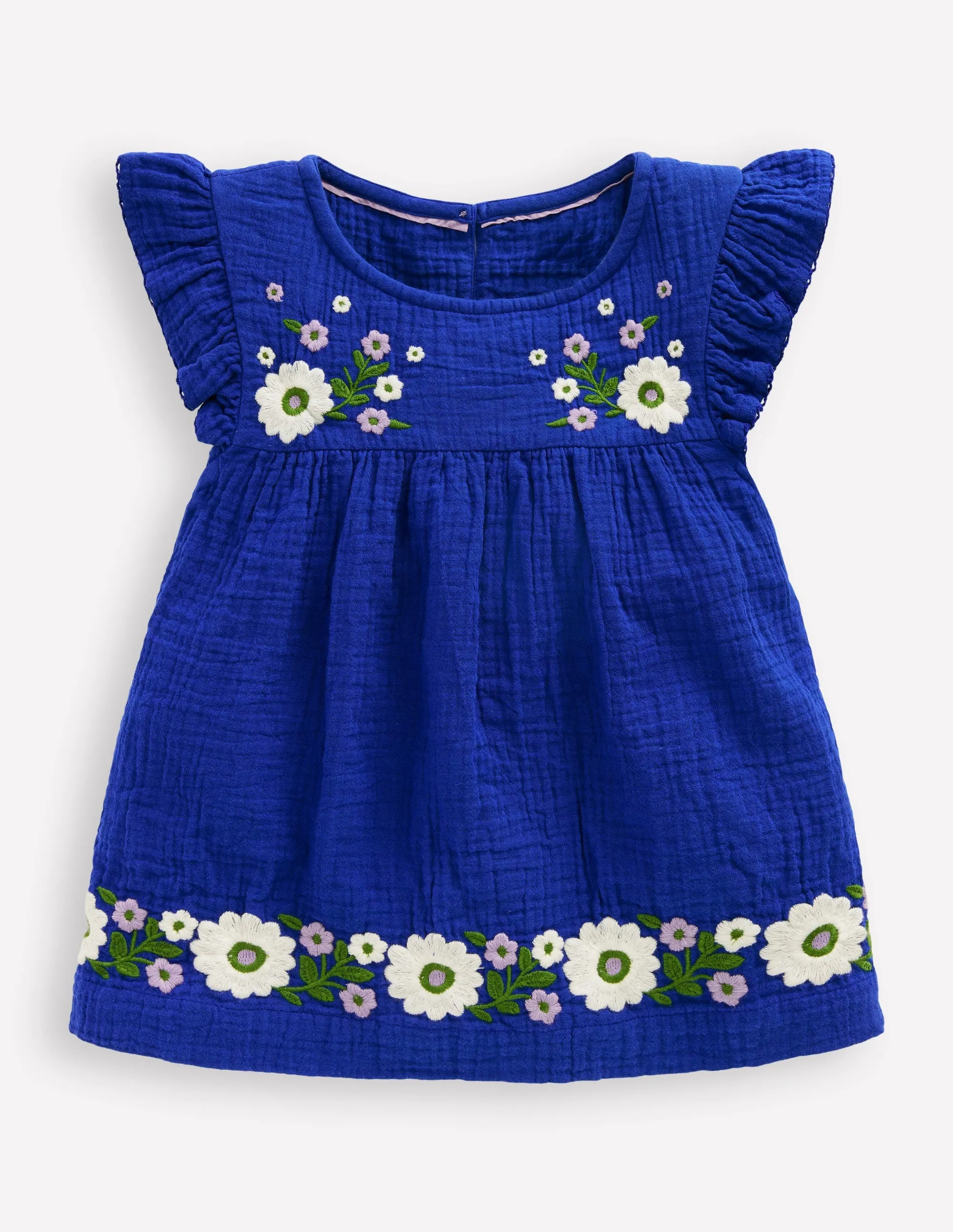 Double Cloth Frill Sleeve Top-Kingfisher Blue Embroidered