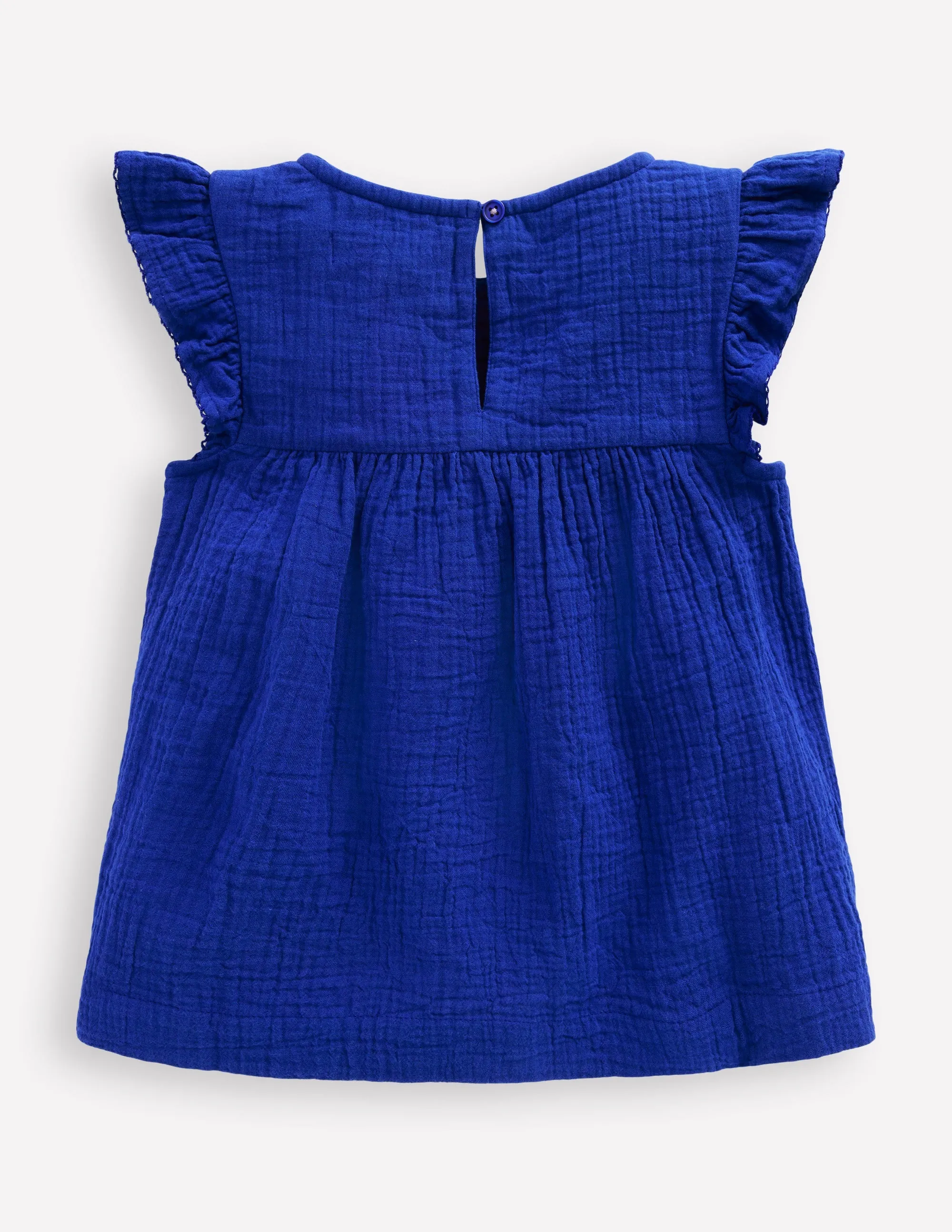 Double Cloth Frill Sleeve Top-Kingfisher Blue Embroidered