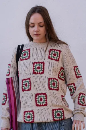 Far Afield Crochet Peyote Sand Floral Knit Jumper