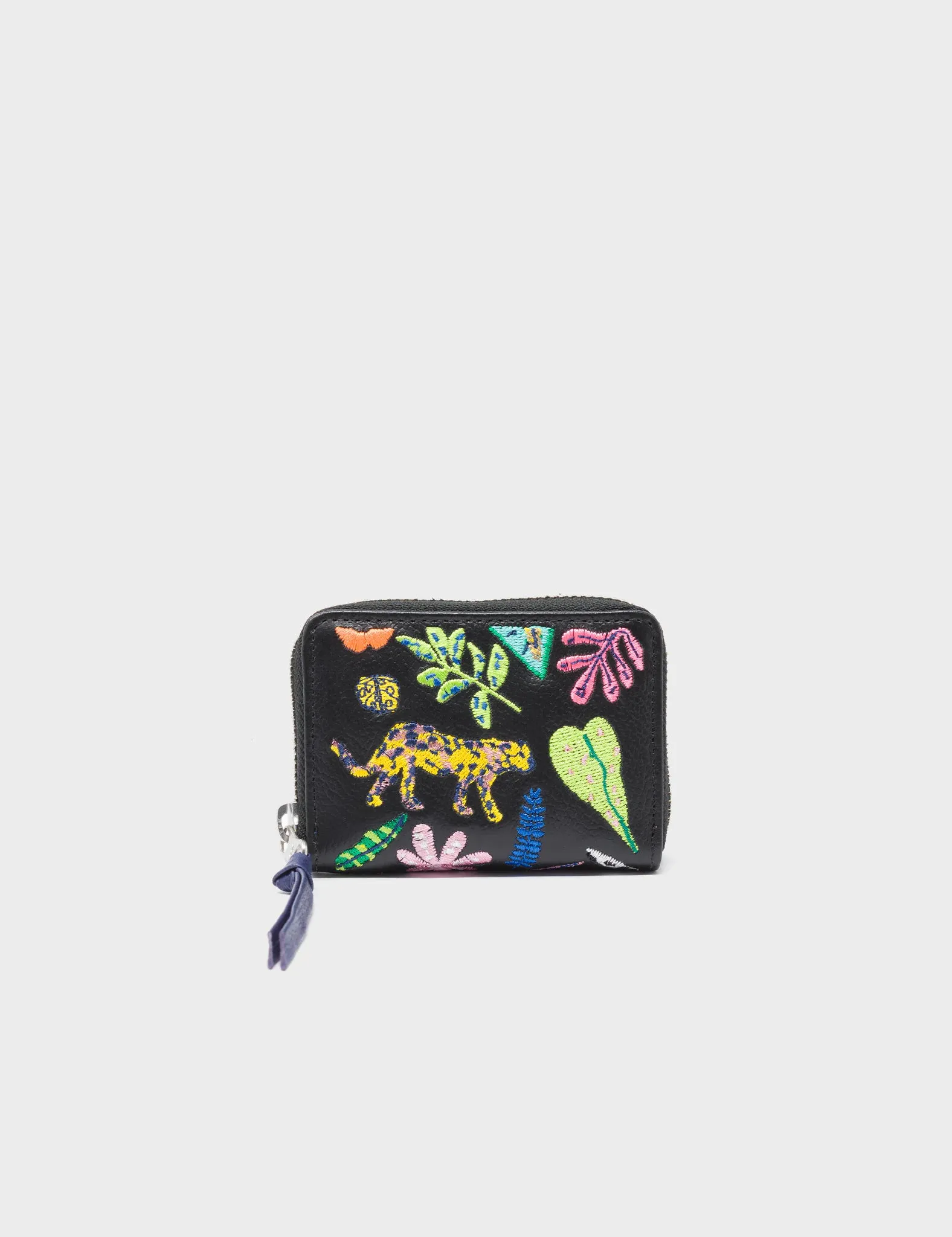 Frodo Black Leather Zip Around Wallet - Flowers  Embroidery