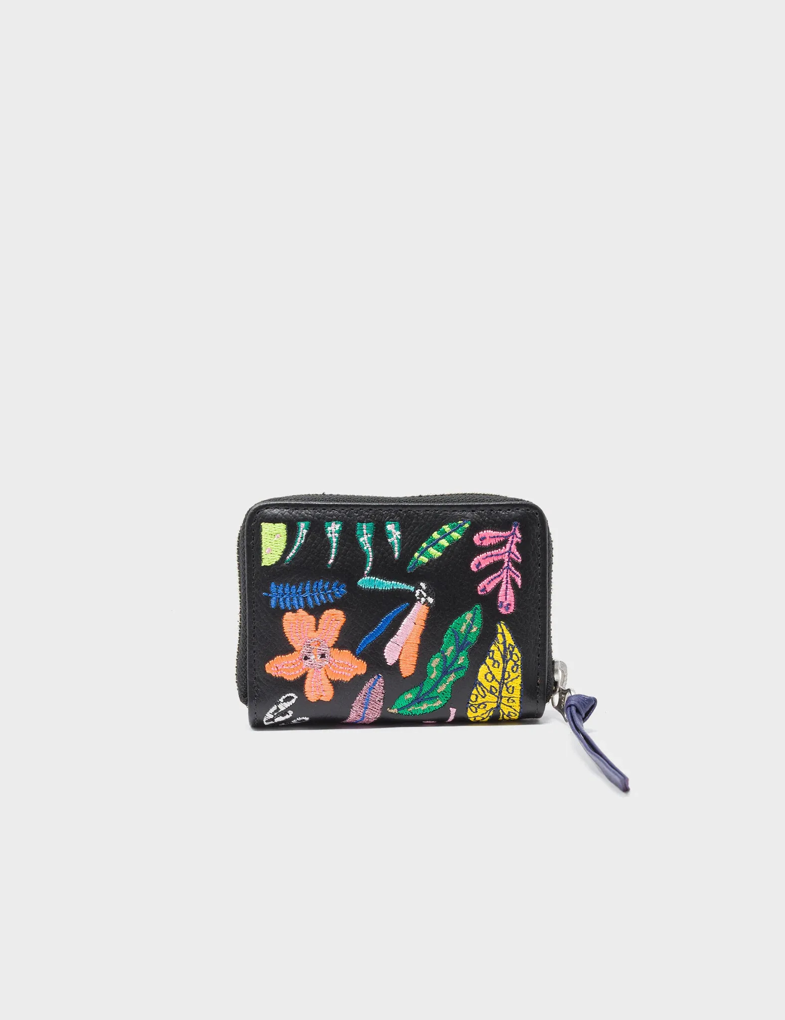 Frodo Black Leather Zip Around Wallet - Flowers  Embroidery