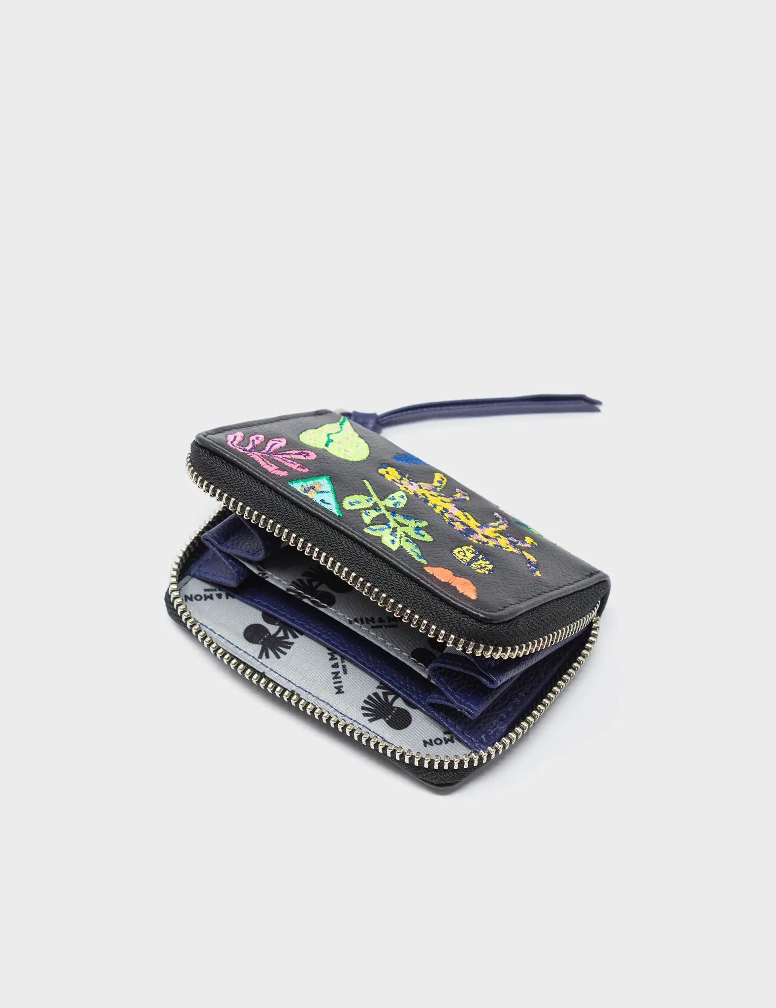 Frodo Black Leather Zip Around Wallet - Flowers  Embroidery