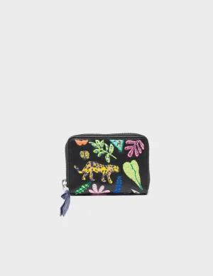 Frodo Black Leather Zip Around Wallet - Flowers  Embroidery