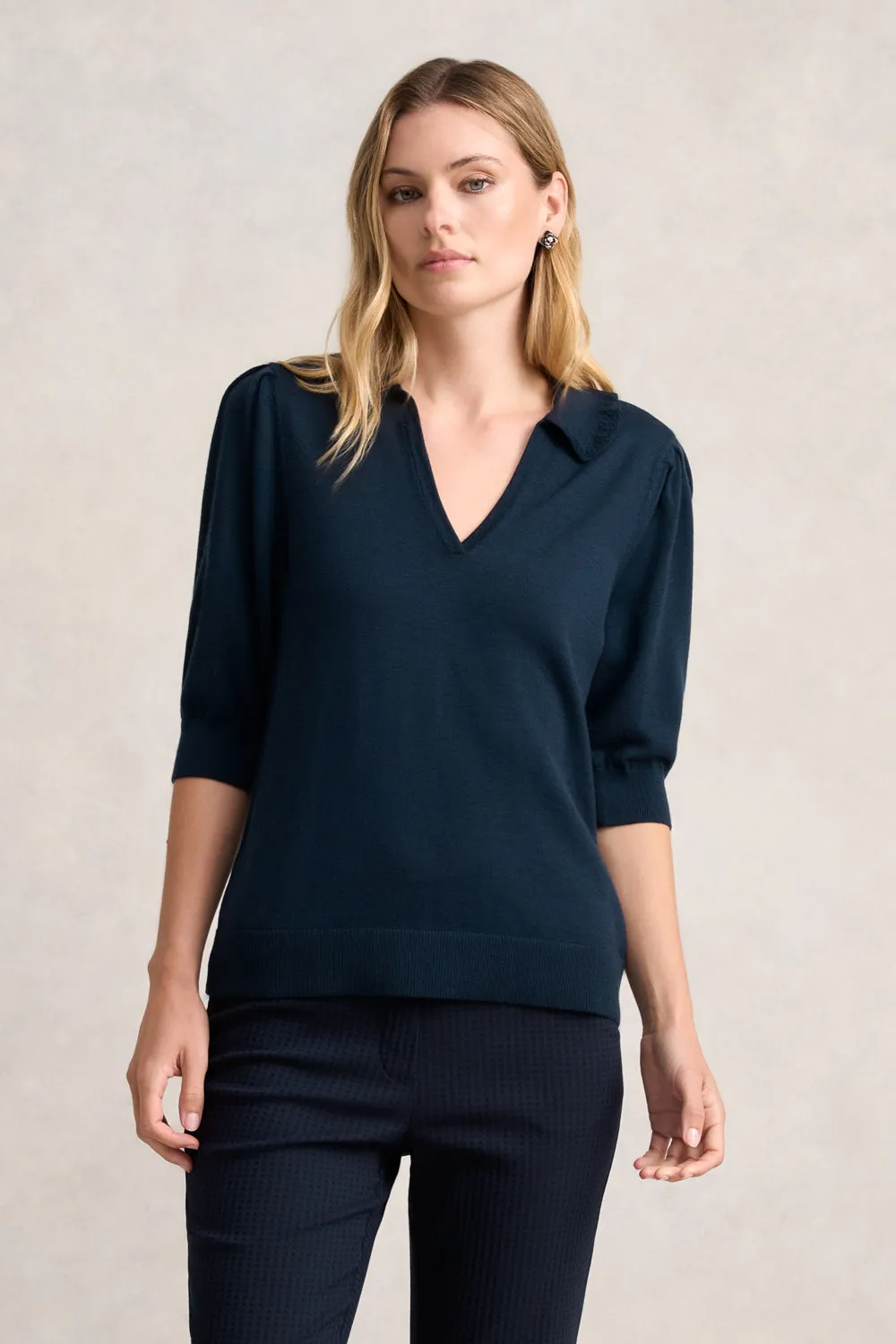 Half Sleeve Collared Wool Knit - Ink
