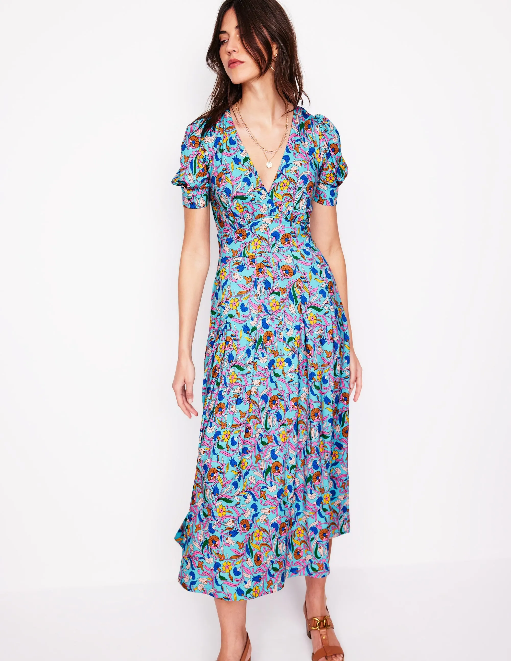 Kristen Pleated Jersey Dress-Blue. Enchanting Vine