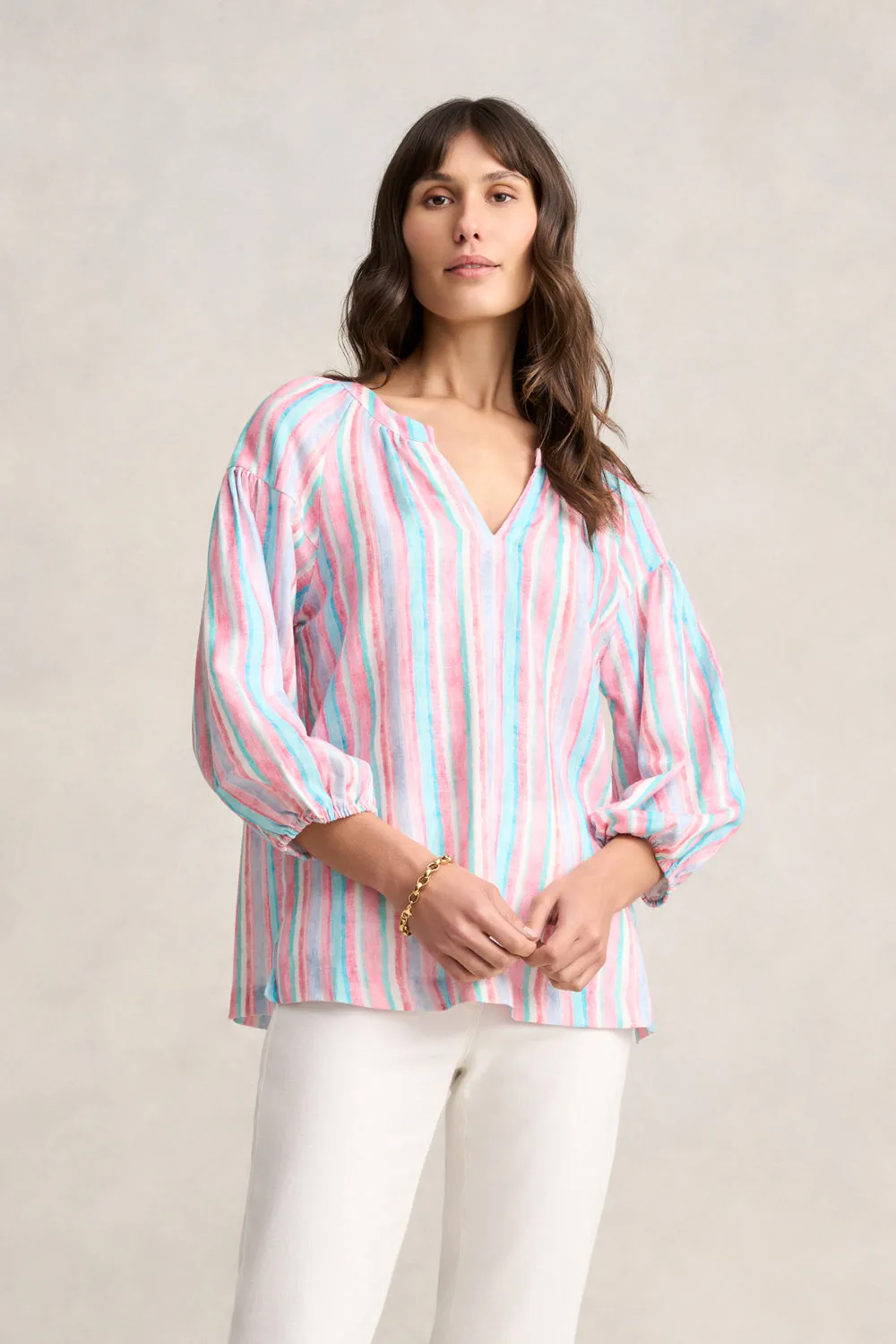 Puff Sleeve Linen Top - Summer Stripe