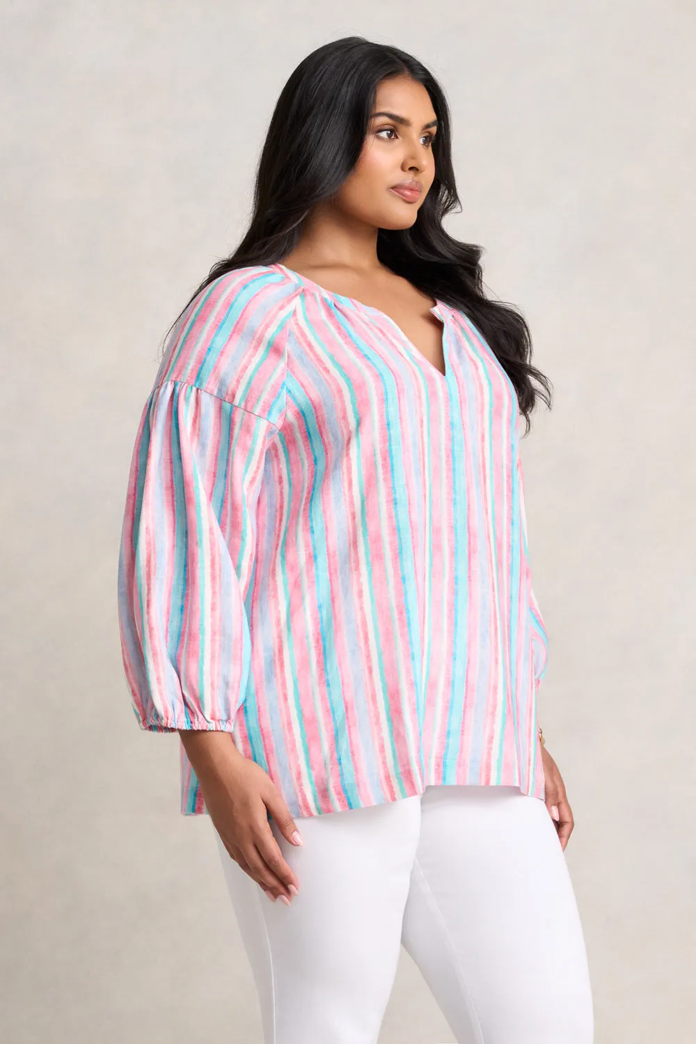 Puff Sleeve Linen Top - Summer Stripe