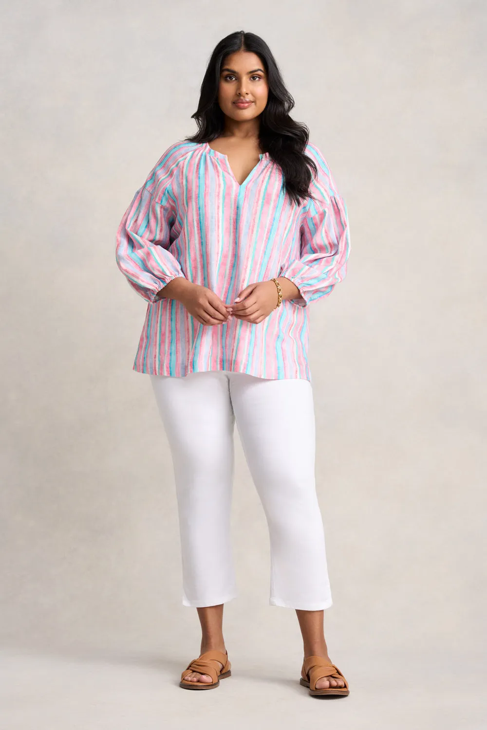 Puff Sleeve Linen Top - Summer Stripe