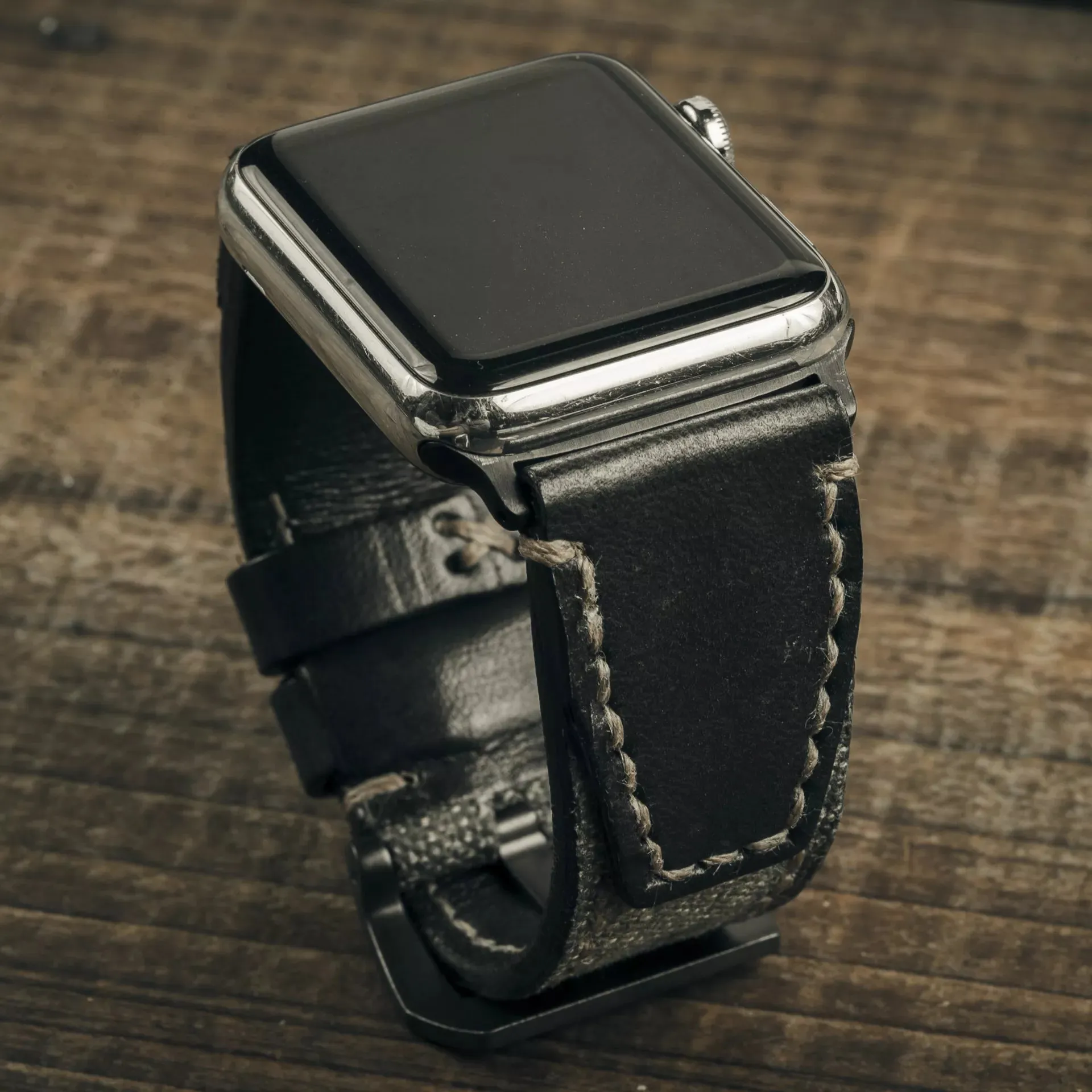 Salt & Pepper Swiss Army Rucksack Handmade Strap. Black Leather (for Apple Watch)